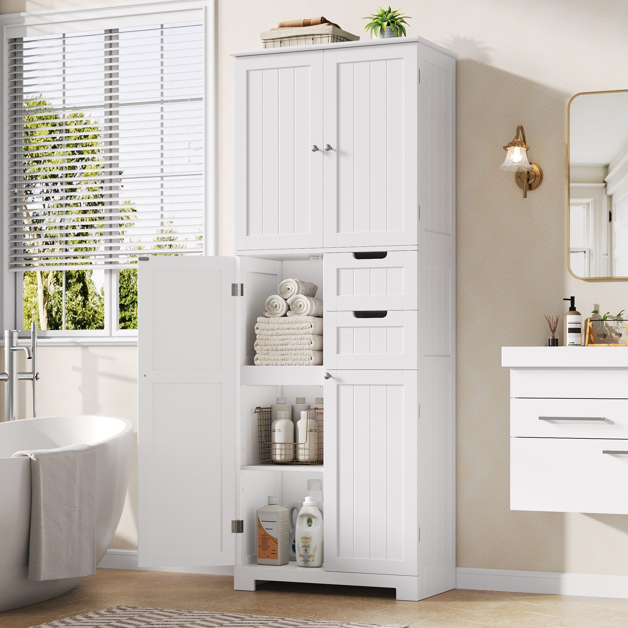 HOMECHO Hochschrank Badezimmerschrank mit 4 Türen 2 Schubladen für Wohnzimm günstig online kaufen