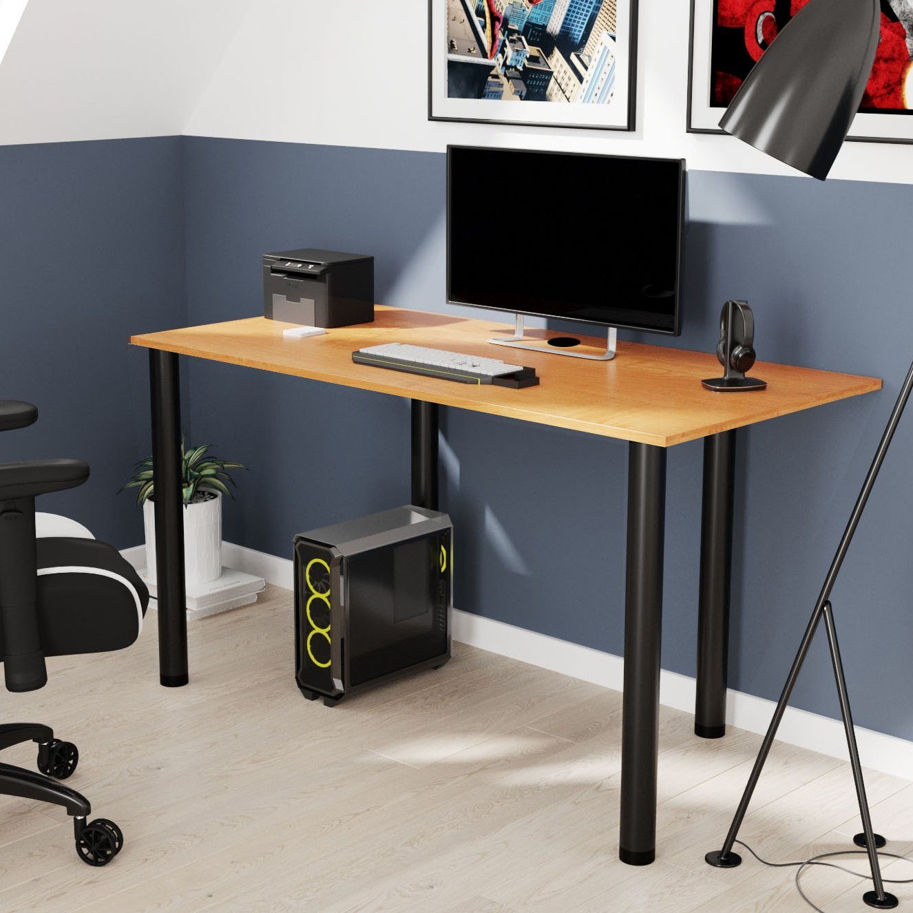 AKKE Schreibtisch, Schreibtisch mit schwarze Beinen 2mm PVC Kantenumleimung Erle