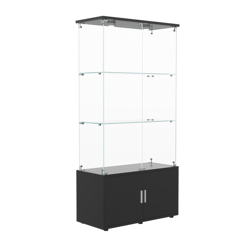 Simurq Glasvitrine Standvitrine aus Glas mit LED, Vitrinenschrank Schrank für Sammlung (Glas Vitrine mit 2 Glastür und 3 Lagen, Glasschrank mit Schloss) Vitrine aus Glas, perfekt für Sammler, Sammelvitrine