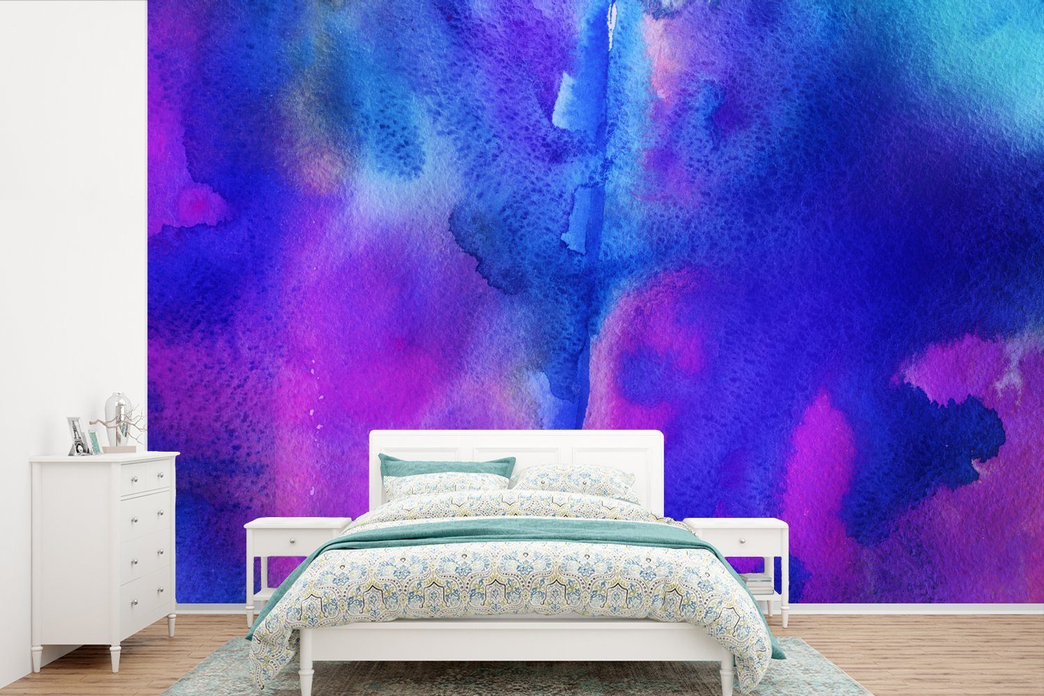 MuchoWow Fototapete Aquarell - Blau - Farbton - Violett, Matt, bedruckt, (6 St), Wallpaper für Wohnzimmer, Schlafzimmer, Kinderzimmer, Vinyl Tapete