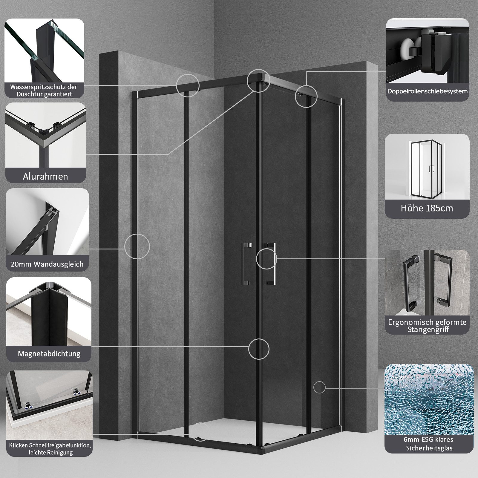 Hopibath Eckdusche 80x80 x185 Duschkabine Schwarz Eckeinstieg Dusche, BxT: 80x80 cm, 5mm Sicherheitsglas, Doppel Schiebetür, (78-80) x (78-80) x 185 cm, 16 Türrollen, mit Magnetverschluss