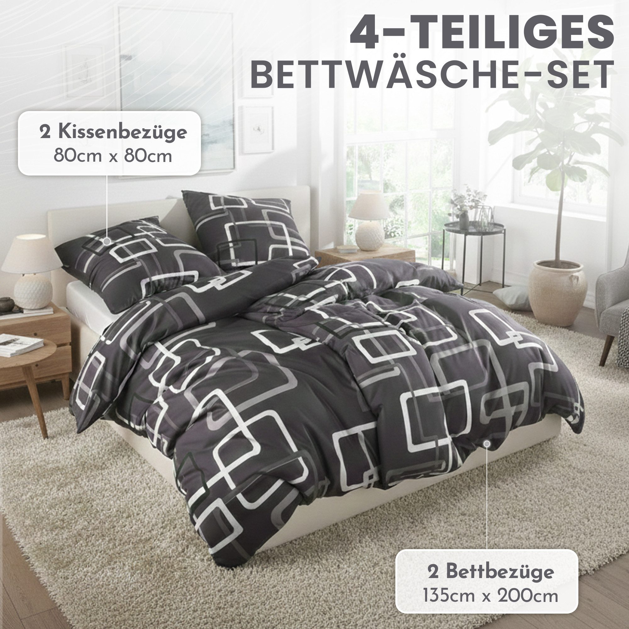 Kuscheli Bettwäsche 2x 135x200 + 2x 80x80 cm atmungsaktiver Bettbezug, moderne Designs, Für Allergiker geeignet, pflegeleicht, angenehm weicher Stoff