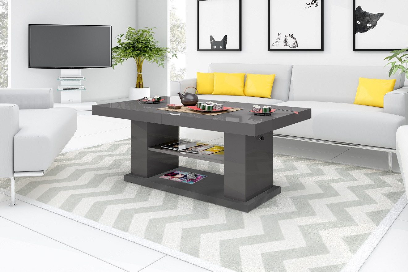 designimpex Couchtisch Design HN-777 Grau / Anthrazit Hochglanz höhenverstellbar ausziehbar