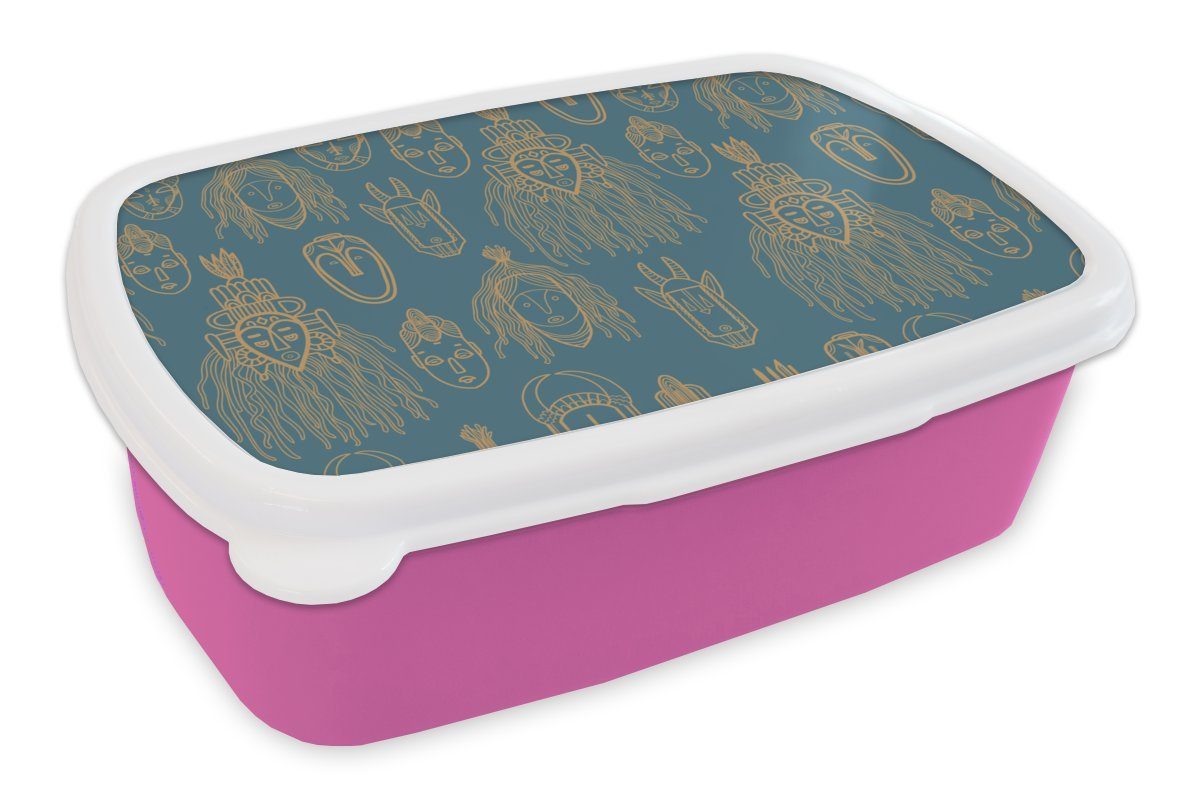 MuchoWow Lunchbox Maske - Afrikanisch - Gold - Muster, Kunststoff, (2-tlg), Brotbox für Erwachsene, Brotdose Kinder, Snackbox, Mädchen, Kunststoff rosa