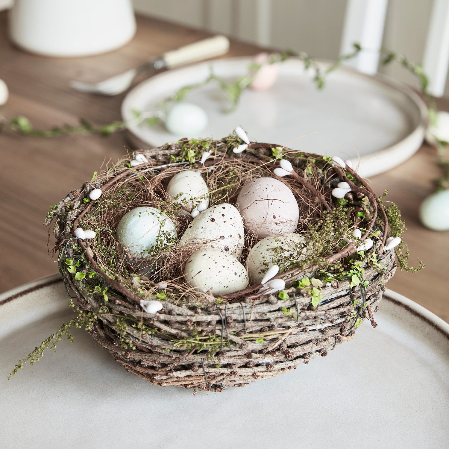 Kunstblume Osternest mit Eiern Osterdeko, Lights4fun