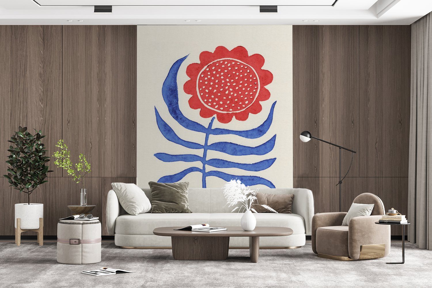 Wohnzimmer, - für Tapete Blau, MuchoWow Blume Rot Matt, bedruckt, Fototapete (4 Wandtapete Vinyl - St), Pflanze - Montagefertig