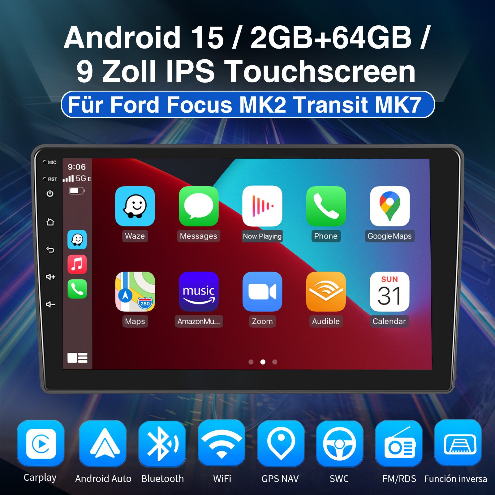 ESSGOO DAB+ Android 15 Carplay Für Ford Focus Mk2 Transit C/S-MAX Galaxy Kuga Navigationsgerät (Apple Carplay Android Auto GPS Navi WIFI BT 4.1 EQ RDS SWC)