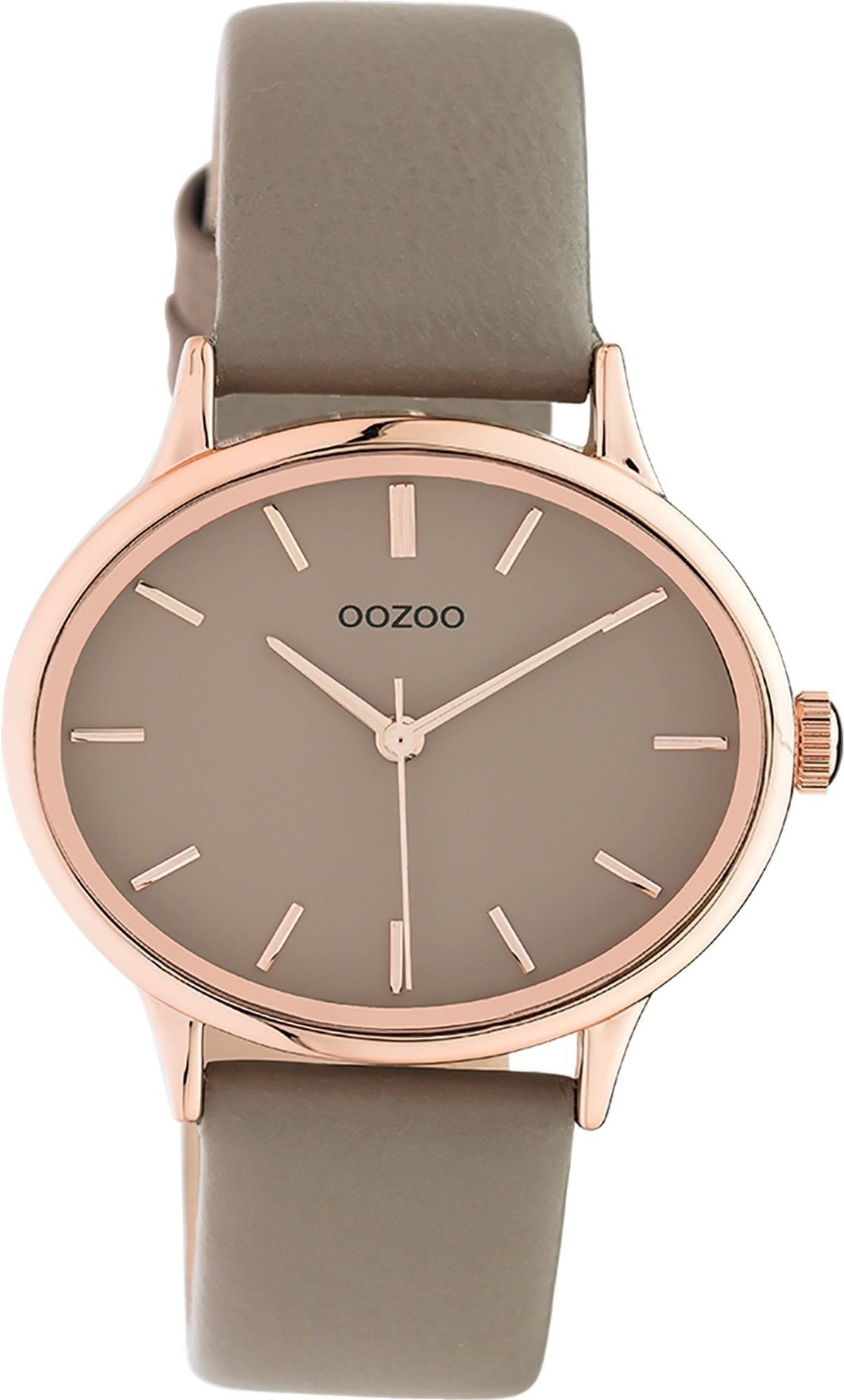 OOZOO Quarzuhr Oozoo Damen Armbanduhr braun taupe, Damenuhr rund, extra groß (ca. 38x31mm) Lederarmband, Fashion-Style