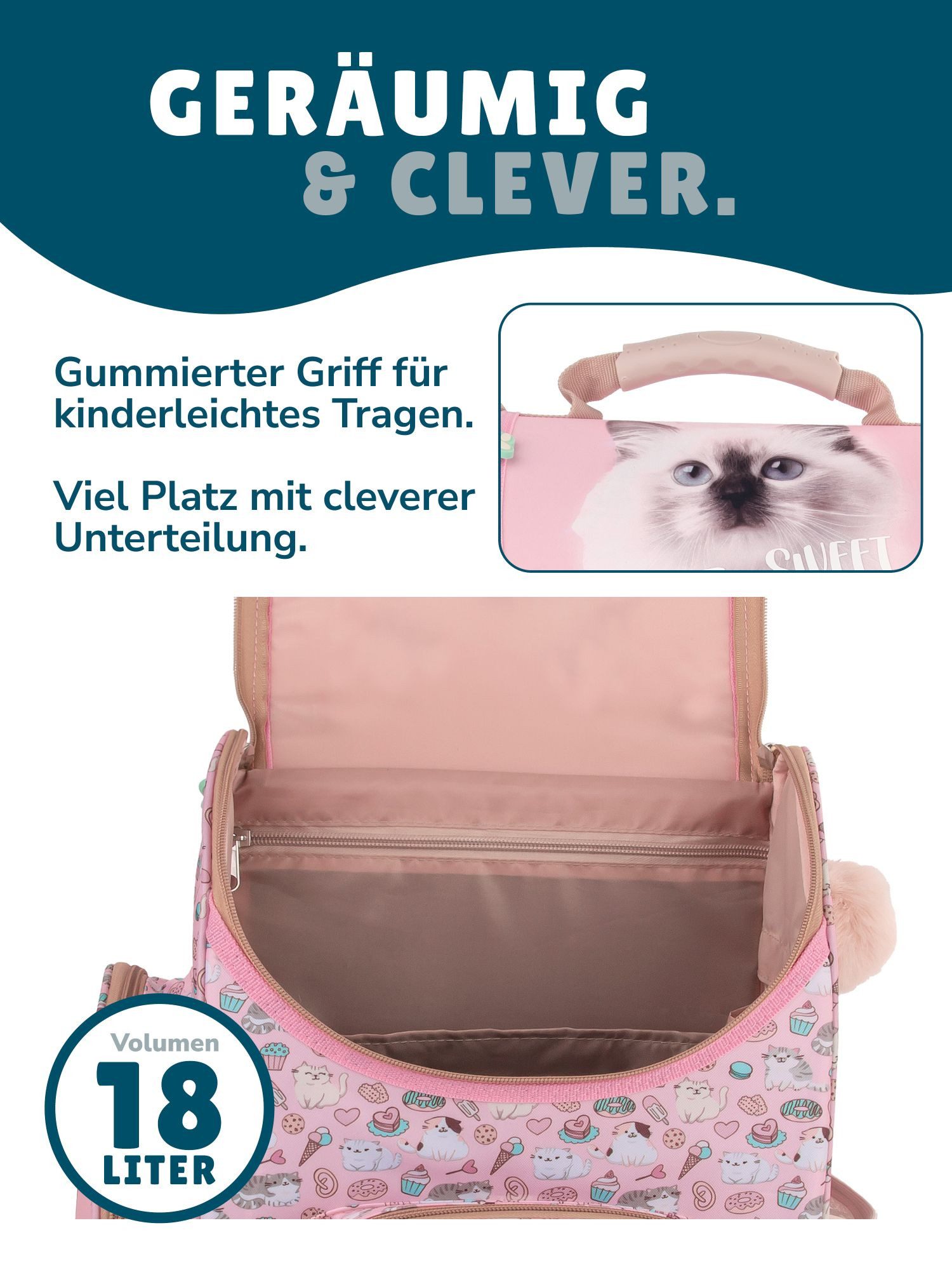 Familando Schulranzen Sweet Kitty Katze Schultasche, rosa, für Mädchen 1. bis 4. Klasse (Set, 8-tlg., inkl. Federmappe, Lunch-Set und Sporttasche), ergonomisch, – Bild 3 von 5
