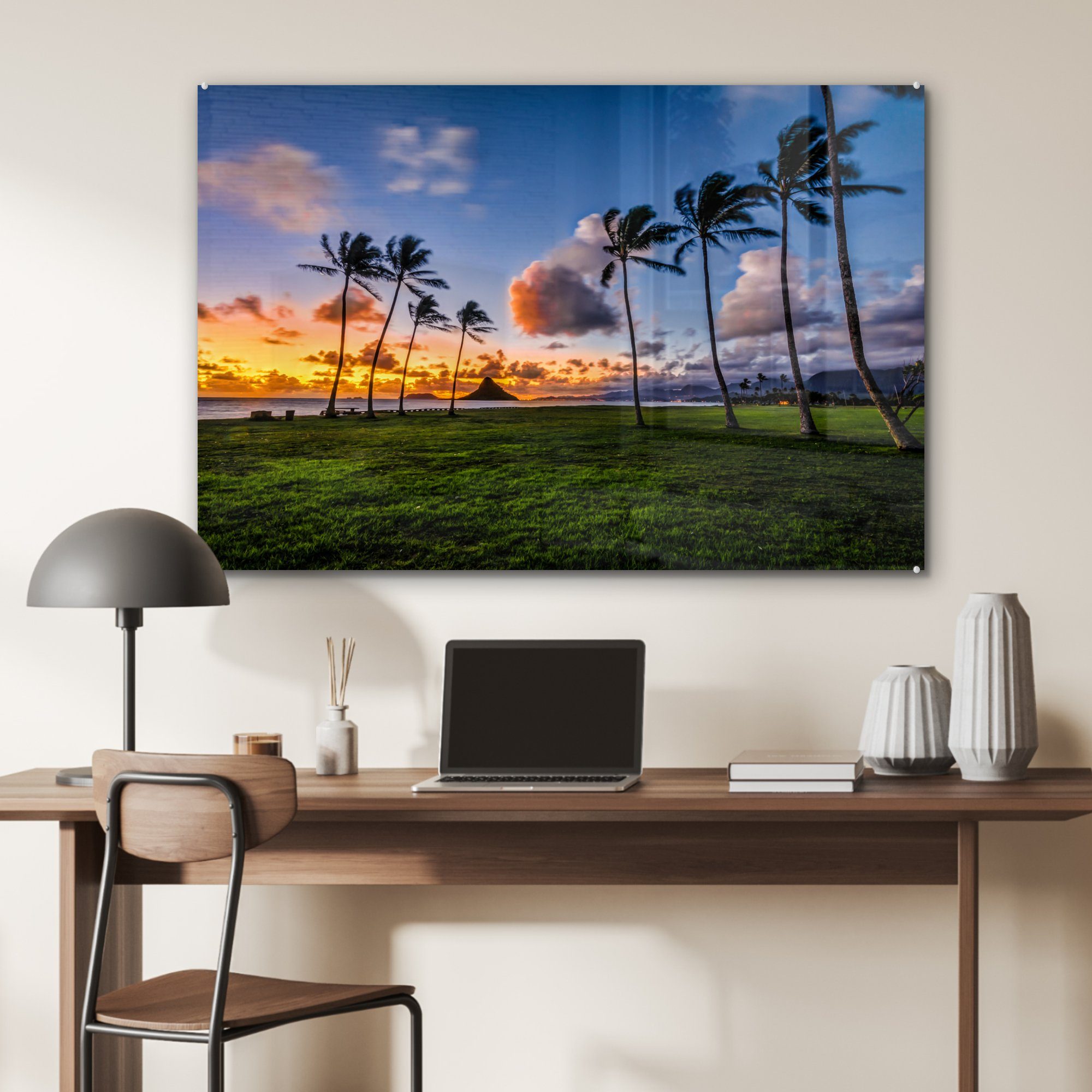 Schlafzimmer Acrylglasbild Wohnzimmer von (1 auf Reihe über Palmen St), & Hawaii, Sonnenuntergang MuchoWow einer Acrylglasbilder