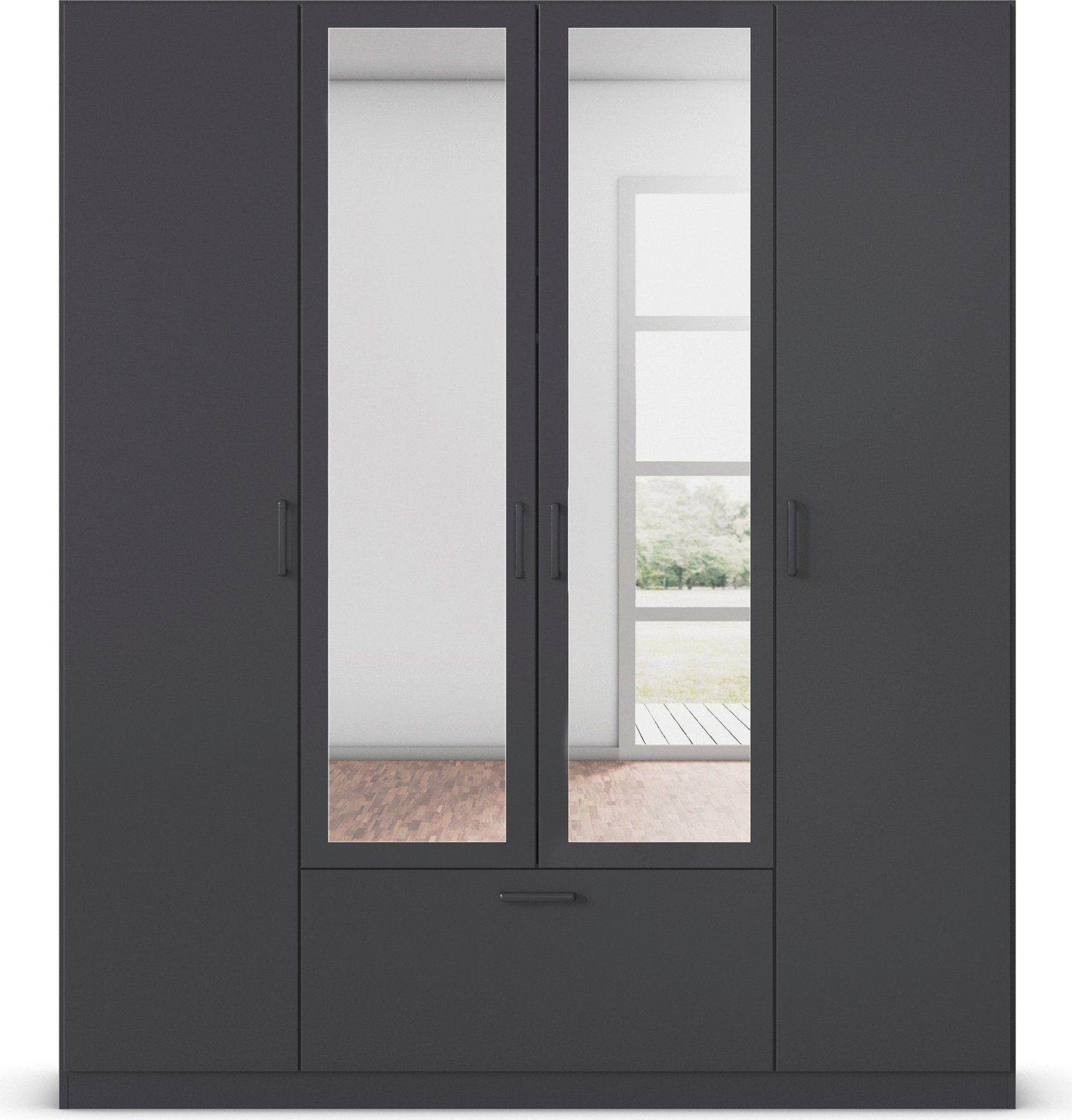rauch Drehtürenschrank Kleiderschrank Schrank Garderobe Wäscheschrank BARI mit Spiegel mit Schubasten mittig, moderner Griff in Graumetallic MADE IN GERMANY – Bild 3 von 5