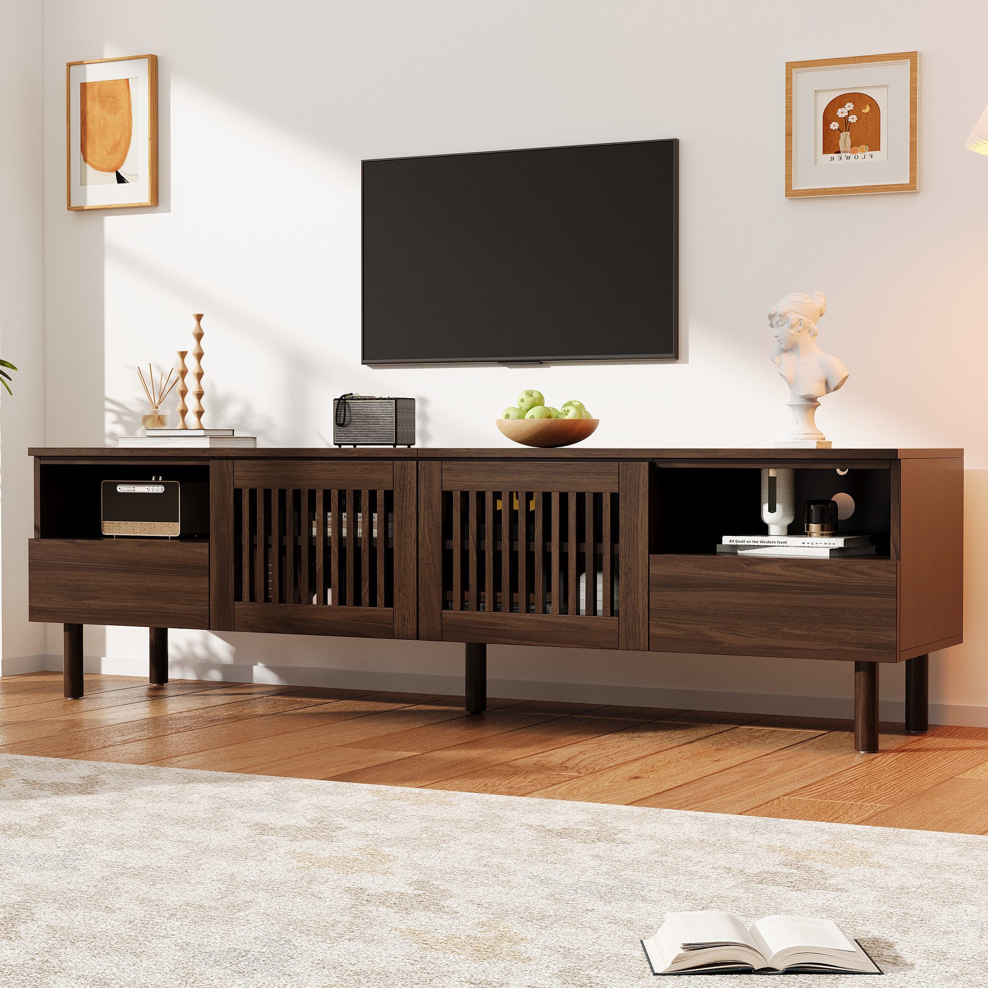 Merax Lowboard mit 2 Gittertüren, 2 Schubladen und offenen Fächern (Fernsehtisch für 55-75 Zoll Fernseher, 1 St), TV-Schrank mit …