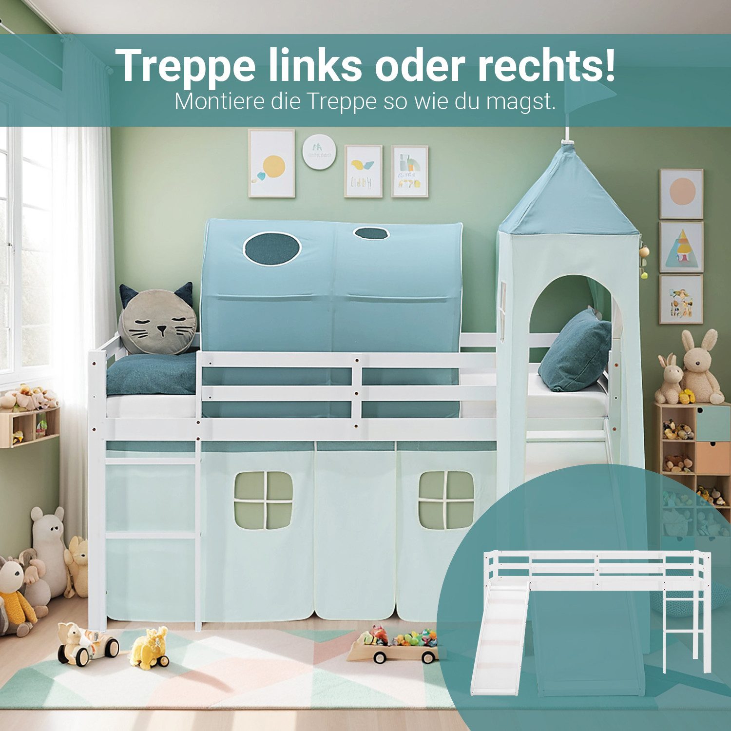 Homestyle4u Hochbett Kinderbett 90x200 Spielbett Kiefer Jungen Weiß Grün Mint Vorhang (Komplett-Set mit Lattenrost, mit Rutsche, mit Tunnel, mit Turm, Matratze mit OEKO-TEX® Standard 100) mit Rausfallschutz, Junge Spielbett