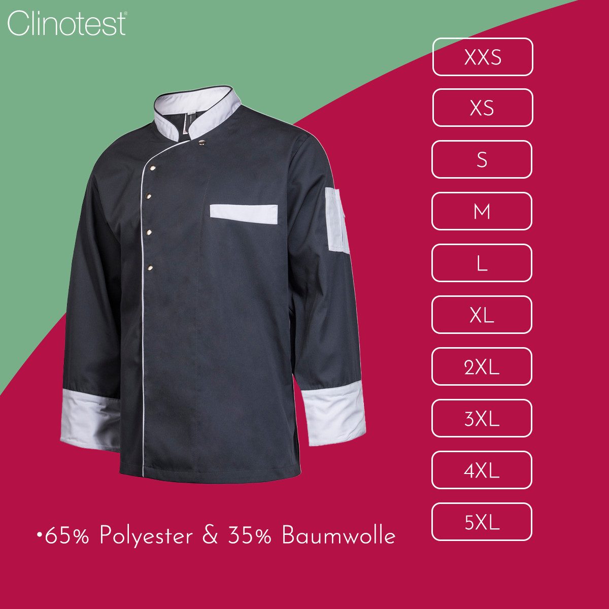 Clinotest Kochjacke langarm - 95 Grad waschbare, kochfeste Kochjacken ohne Einlaufen (1-St) Kochhemd aus 65% Polyester, 35% Baumwolle, mit Druckknopfverschluss – Bild 3 von 5