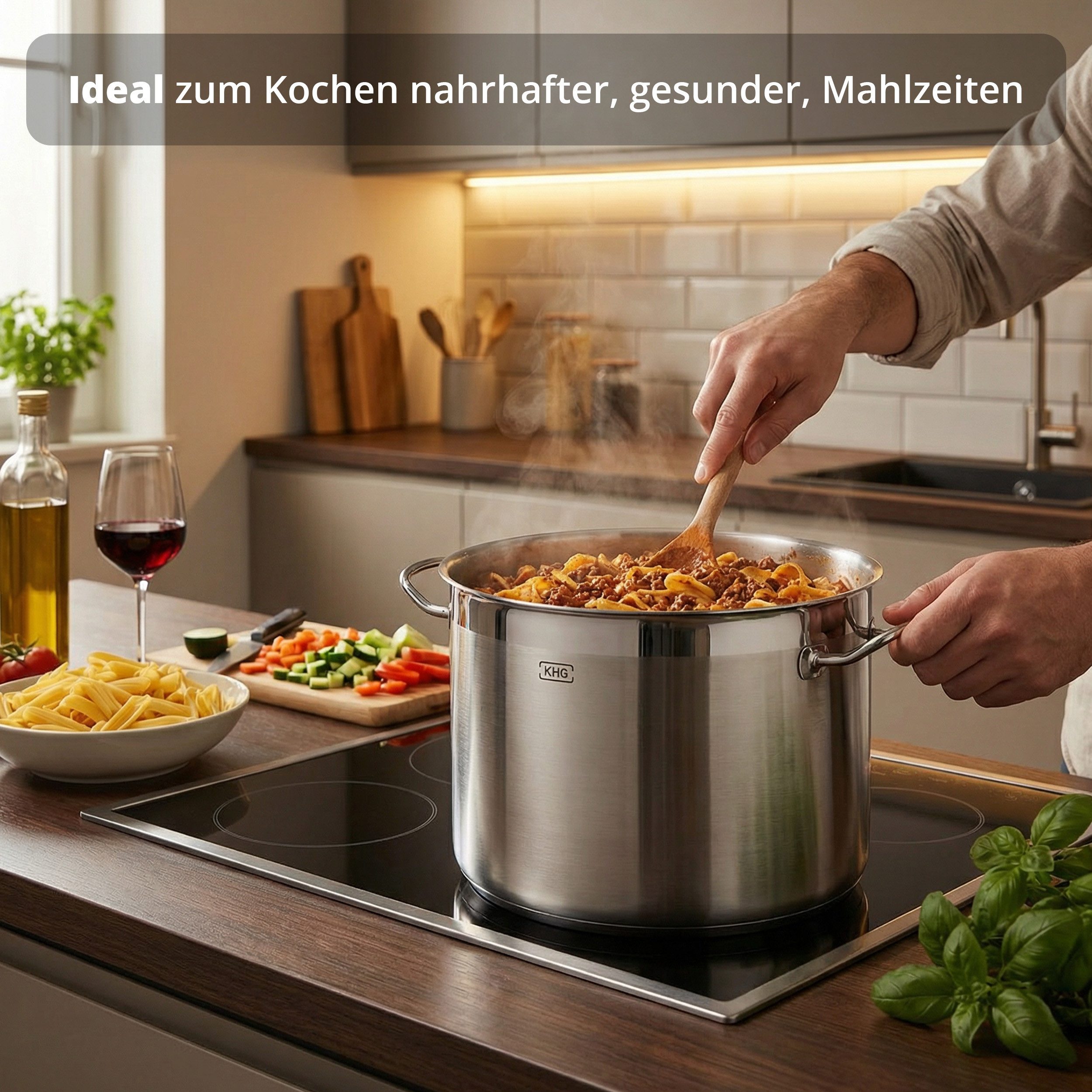 KHG Kochtopf Suppentopf 26 cm Durchmesser, inkl. Glasdeckel, Edelstahl, 9 Liter Volumen, Innenskala, für alle Herdarten inklusive Induktion