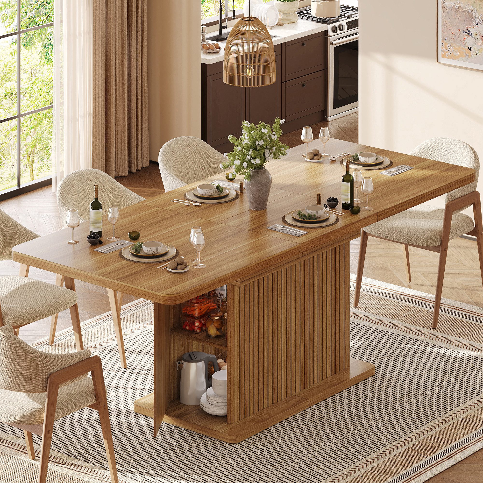 KLAM HOME Esstisch Ausziehtisch 120–160cm mit verstecktem Stauraum für Esszimmer (Esstisch mit Reliefstreifen, griffloses Design aus MDF), Esszimmertisch in Dunkelbraun / Schwarz, belastbar bis 60 kg