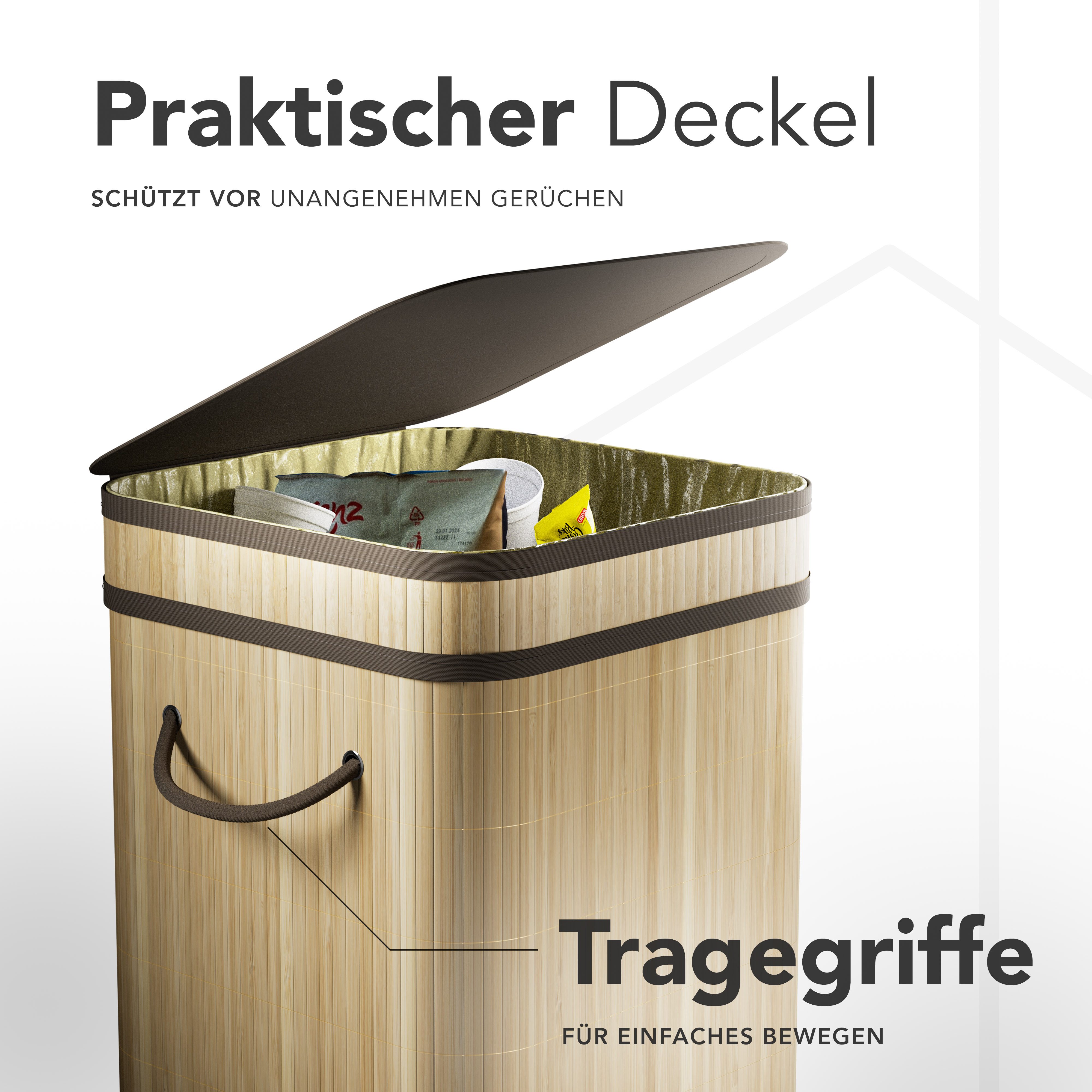 New Habitat Müllsackständer Gelber Sack Ständer aus Bambus I 80L mit geruchsdichtem Deckel