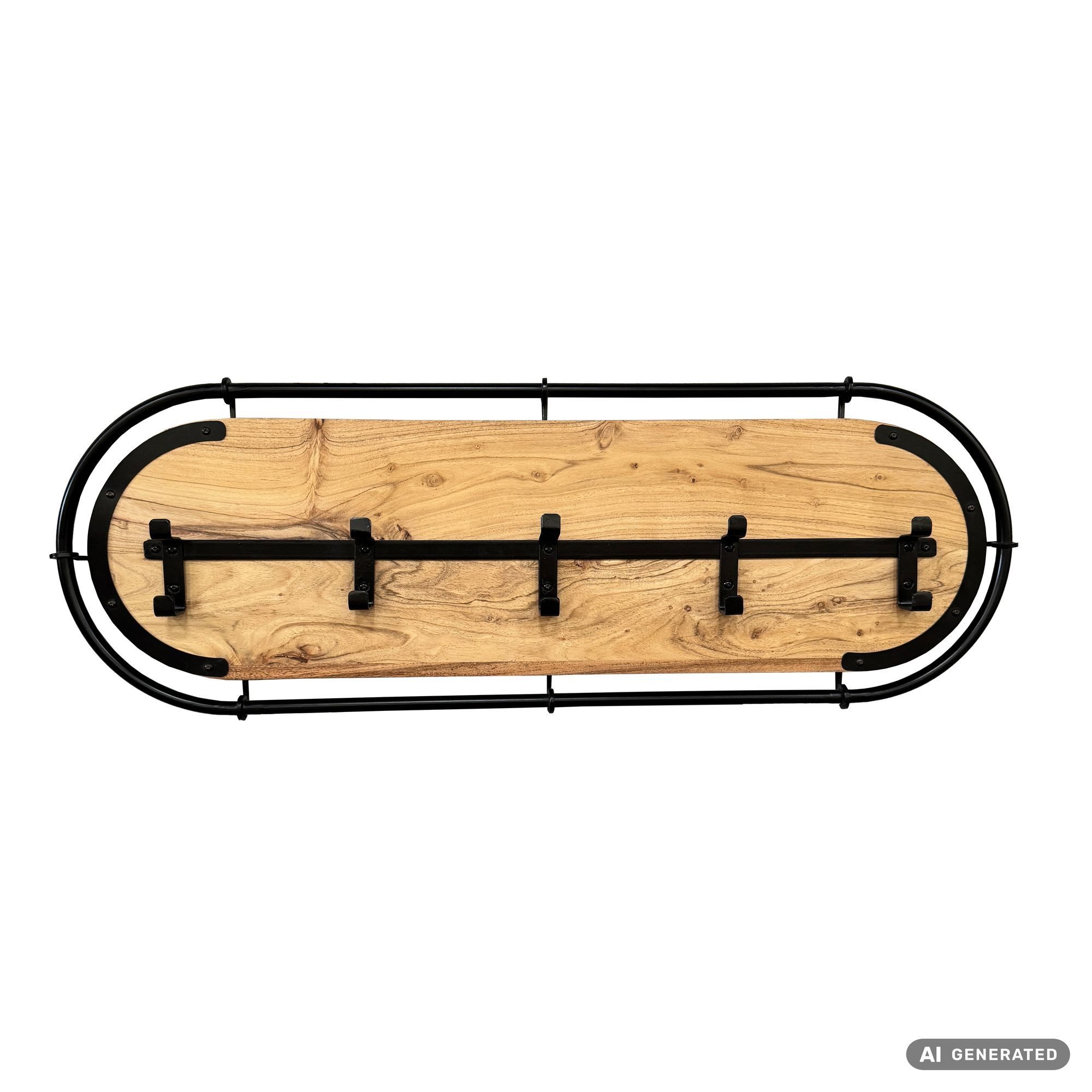 Wohnling Wandgarderobe WL7.847 Hängegarderobe 100cm Garderobe Flurgarderobe Massivholz Metall (Garderobenpaneel mit fünf Haken für deinen Flur), Garderobenleiste mit ovalem Metallrahmen