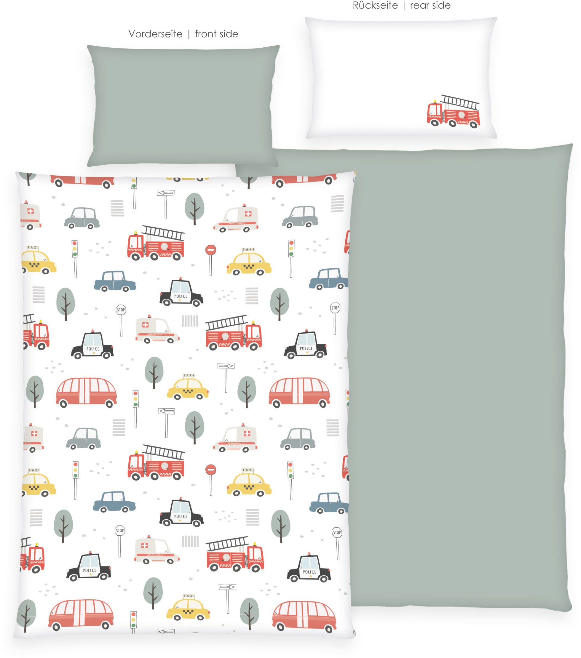 Baby Best Wendebettwäsche babybest Fahrzeuge, Flanell, 2 teilig, mit niedlichem Allover-Print