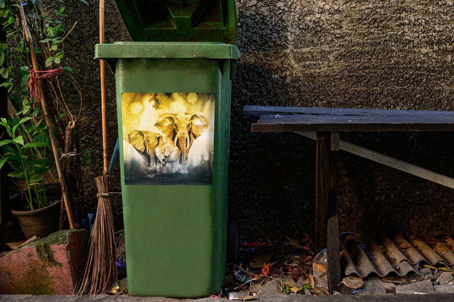 MuchoWow Wandsticker Container, - - Aquarell Abfalbehälter Mülltonne, Mülleimer-aufkleber, St), Sticker, (1 Familie Elefant