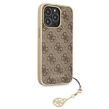 Guess Handyhülle Case iPhone 13 Pro Kunstleder braun mit Kette goldfarbig
