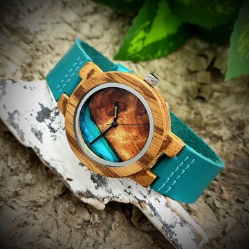 Holzwerk Quarzuhr ELSTER kleine Damen Epoxidharz Leder & Holz Uhr, türkis blau & braun