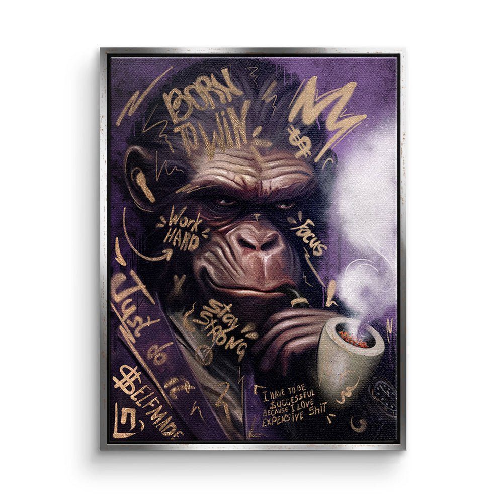 Club Gorilla Leinwandbild, silberner Gentlemen Rahmen mit premium Rahmen Leinwandbild Porträt Affe DOTCOMCANVAS®