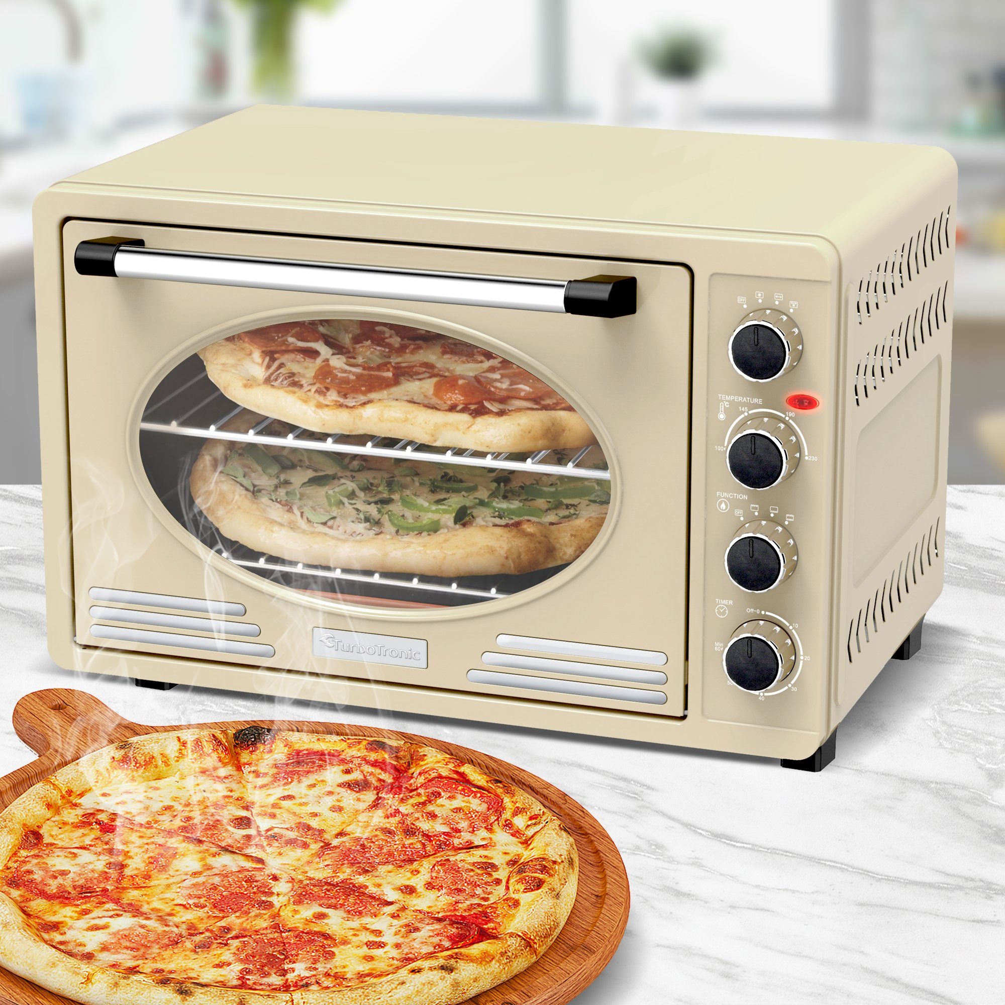 TurboTronic by Z-Line Minibackofen 45 Liter mit Umluft Drehspieß 2000W Backblech Gitter Elektro, Retro-Design, Umluftfunktion, Drehspieß