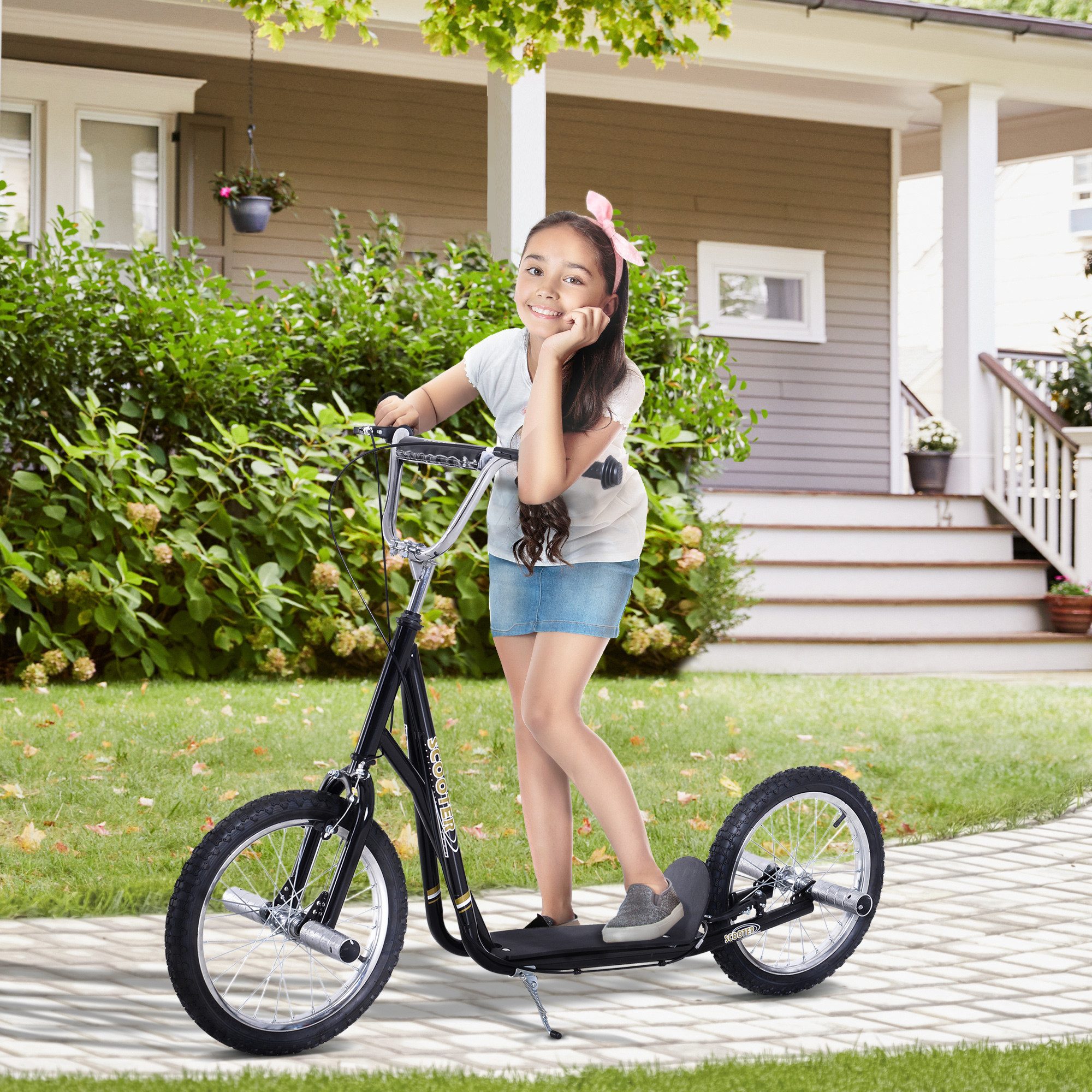 HOMCOM Cityroller Kinderroller Scooter mit verstellbarem Lenker, großen Rädern, 0 km/h, (Kickscooter, 1 tlg., Kinderroller), für Garten, Schwarz