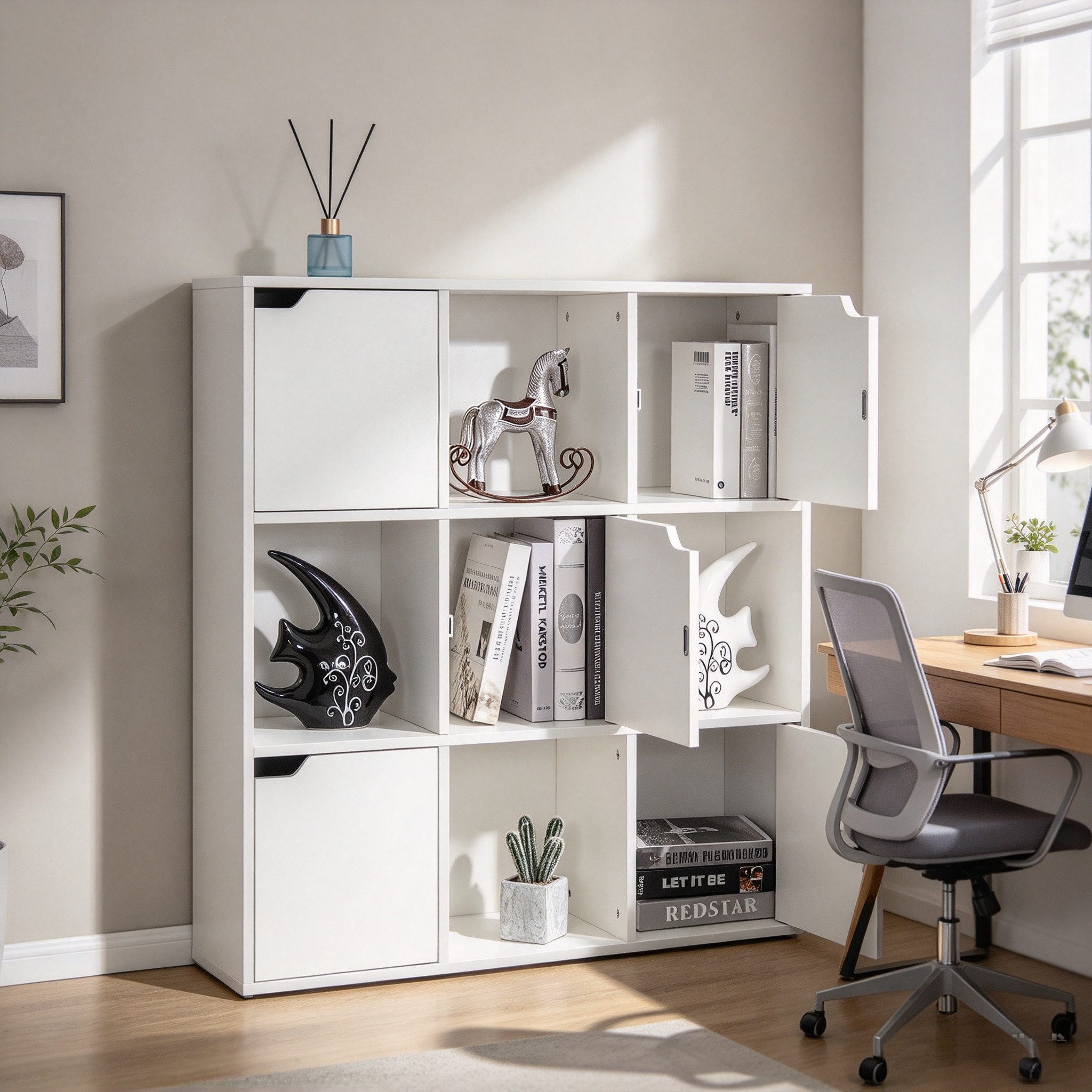 Mondeer Bücherregal Bücherschrank, Aufbewahrungsregal, 9 Fächer mit 5 Türen, Moderner Stil – Bild 2 von 5