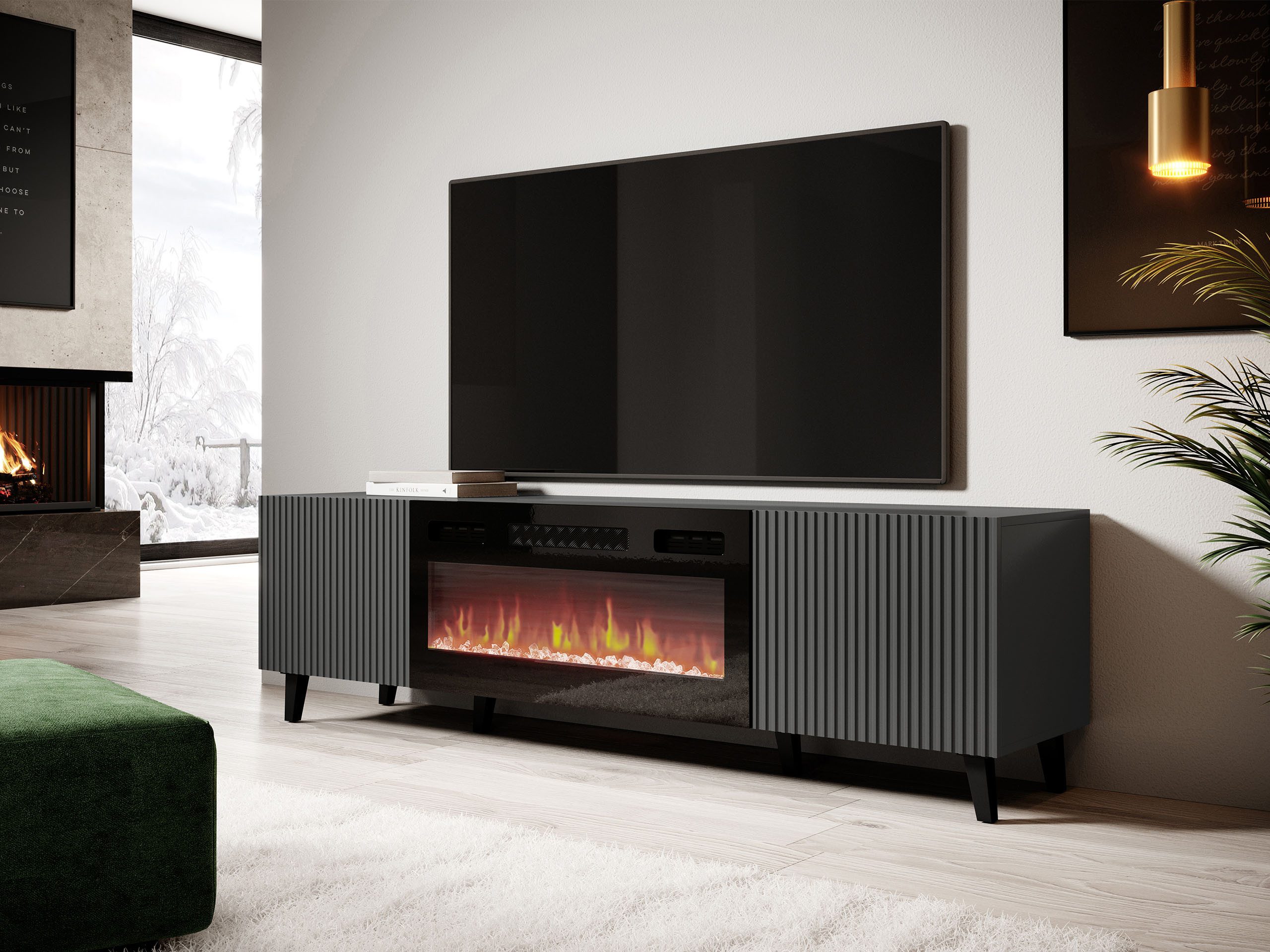 MIRJAN24 TV-Schrank Vamos Grey 180 mit Kamin (mit 2 Türen) Fronten gefräst, Realistische LED-Flamme