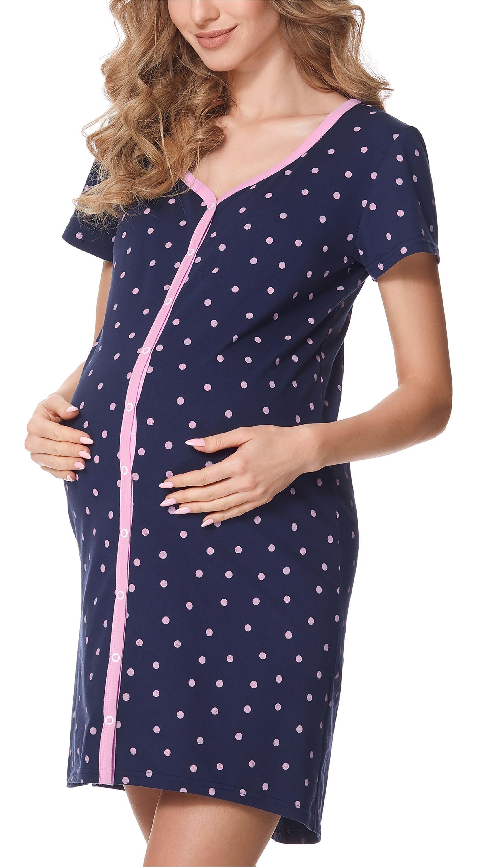 Bellivalini Umstandsnachthemd Damen Umstands Nachthemd mit Stillfunktion BLV50-114 (1-tlg) MarinePunkte (Rosa)