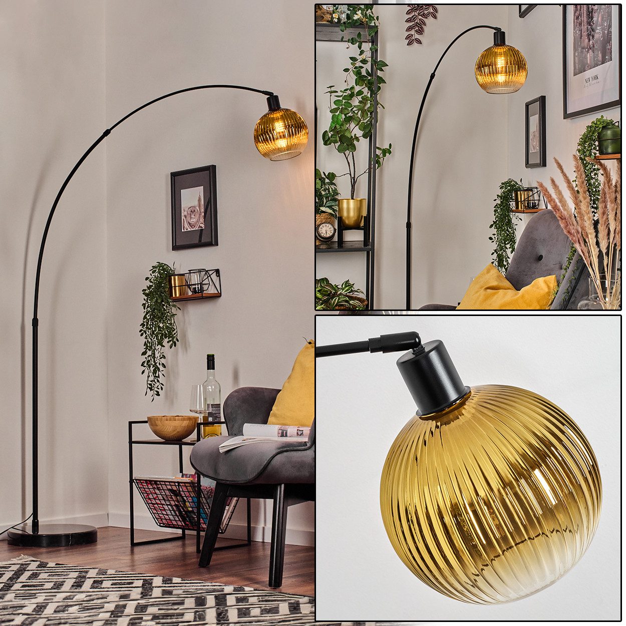 hofstein Bogenlampe Stehlampe mit Marmorfuß aus Metall/Riffelglas in Schwarz/Gold/Klar, verstellbare Stehleuchte im Retro/Vintage, Ø 20 cm, Fußschalter, E27