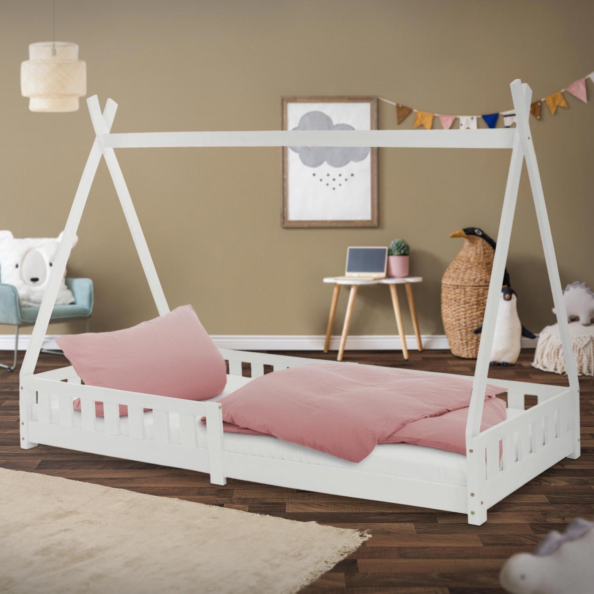 ML-DESIGN Spielbett Hausbett Tipi Zeltbett inkl. Lattenrost Bodenbett Kinder Himmelbett, Abenteuerbett mit Rausfallschutz Zelt Bett Kiefer Weiß Kinderhaus