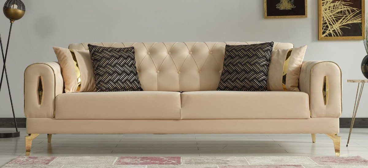 Casa Padrino Schlafsofa Luxus Schlafsofa Beige / Gold 225 x 95 x H. 83 cm - Wohnzimmer Sofa mit 4 Kissen - Luxus Wohnzimmer Möbel