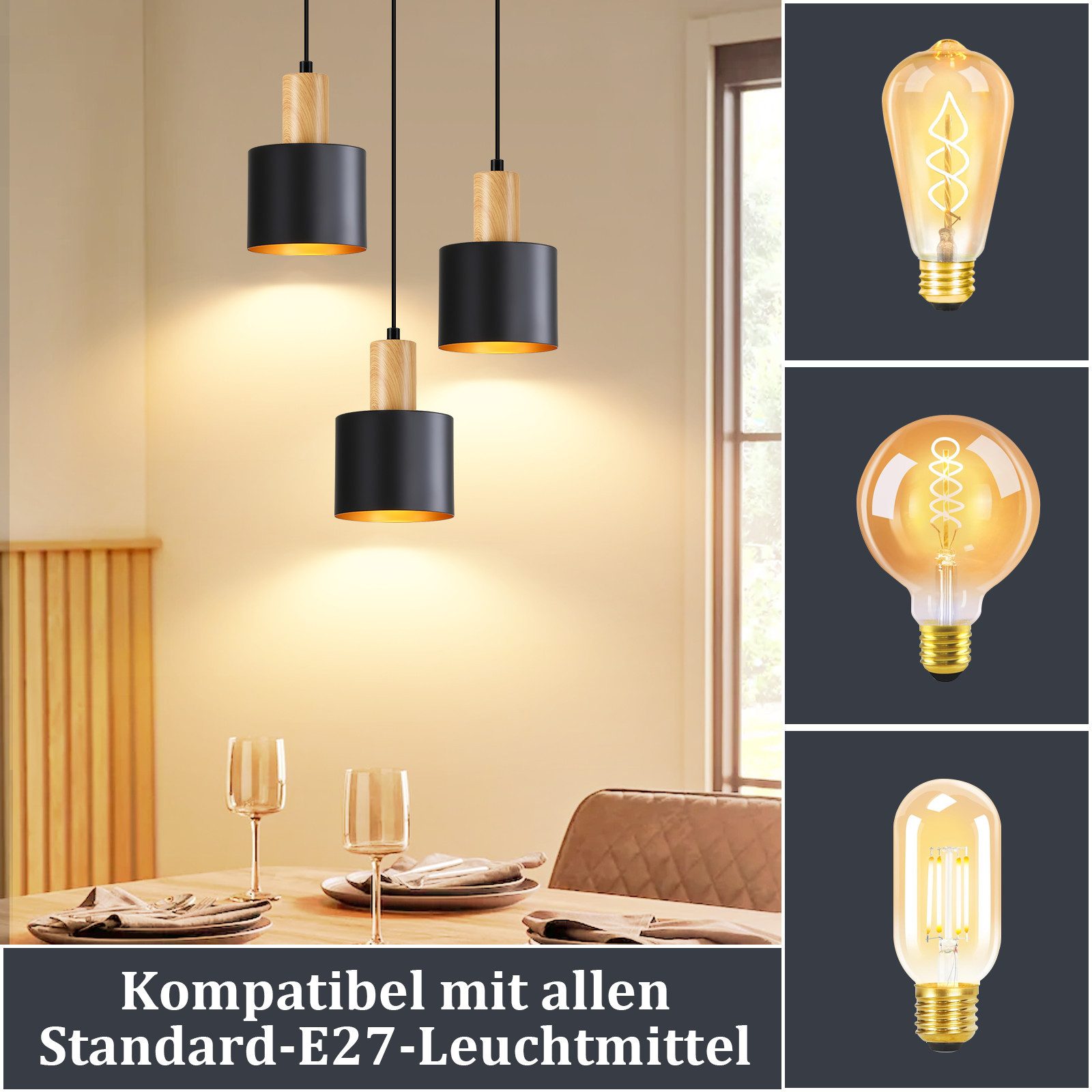 Nettlife Hängeleuchte Schwarz Vintage 1/2/3 Flammig Esstisch E27 Pendelleuchte, Höhenverstellbar, LED wechselbar, Metall Pendelleuchte Essbereich Hängelampe