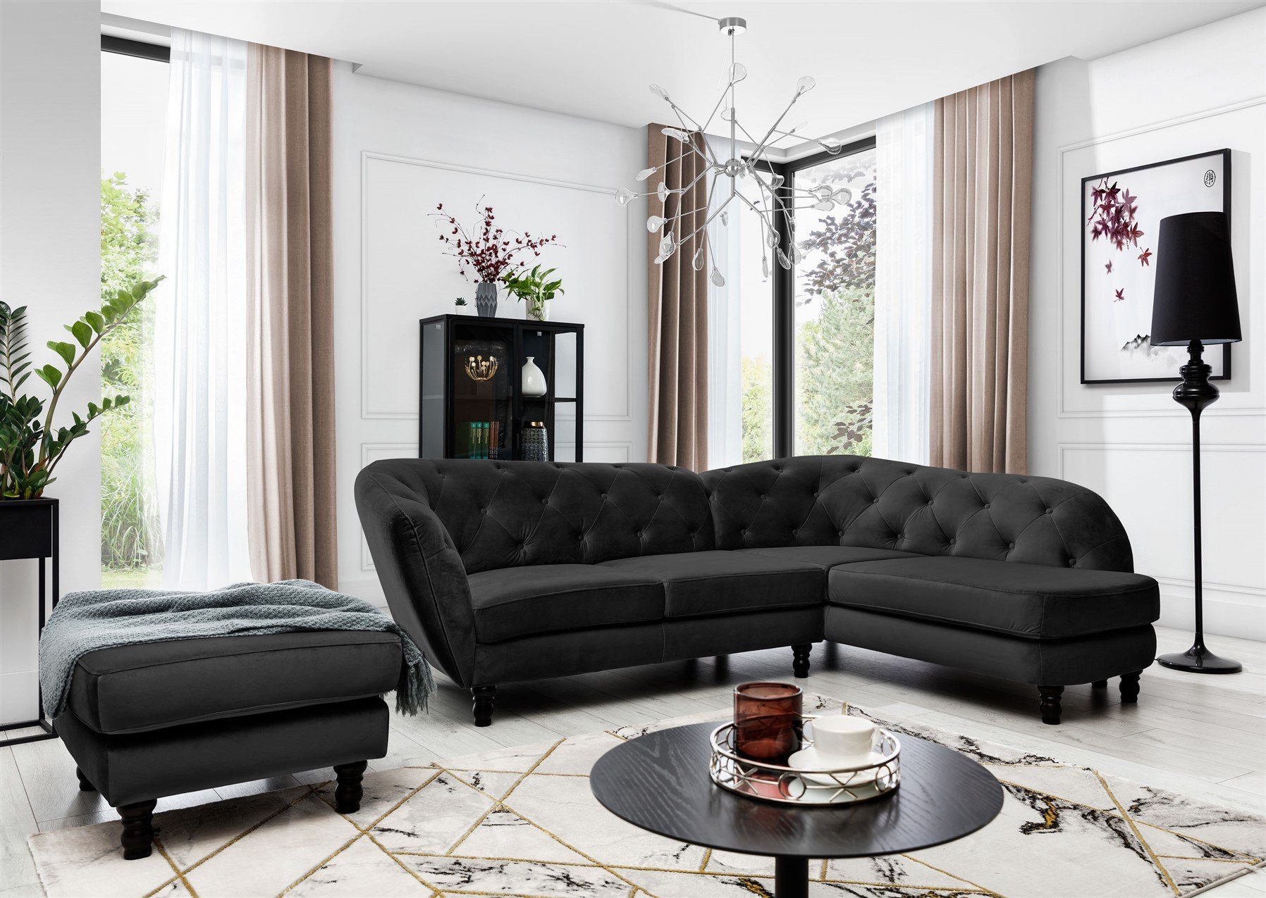 Schwarz Hocker CHARLOTTE Fun 2 Velvet, in incl. Teile Stoff Designersofa Möbel Ecksofa Ecksofa Matt