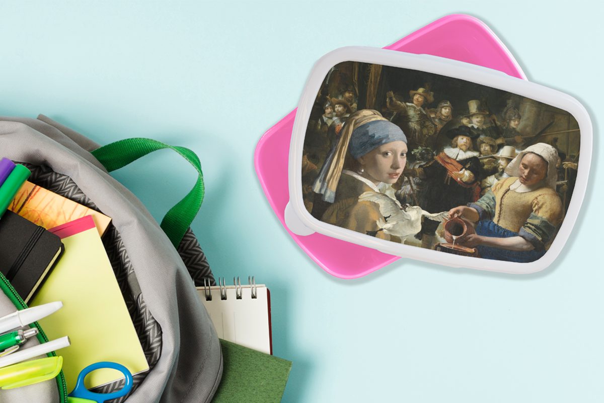 Mädchen, Lunchbox - Alte Snackbox, MuchoWow (2-tlg), für Kunststoff rosa - Kinder, Malerei Meister Erwachsene, Brotbox Kunststoff, Schwan, Brotdose