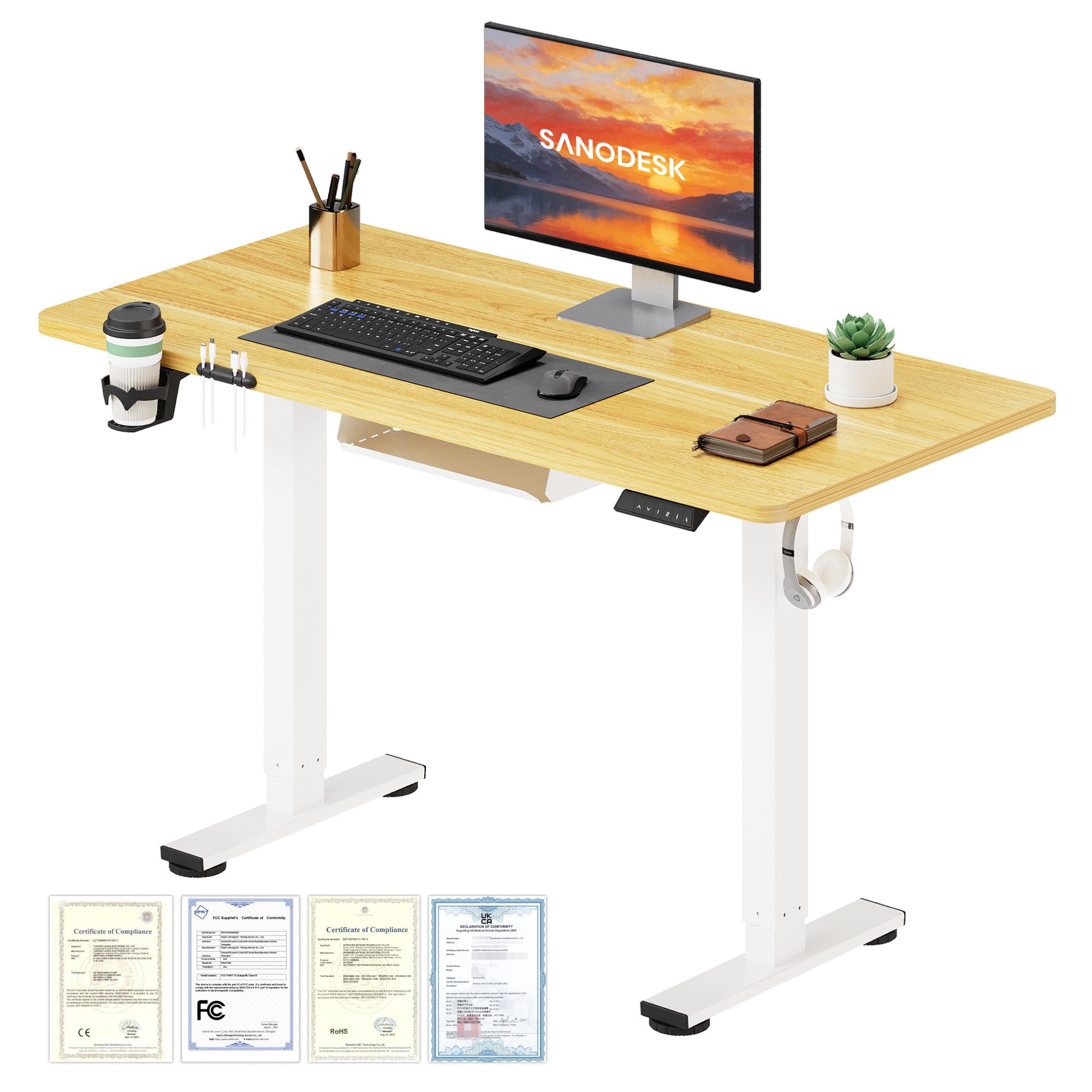 SANODESK Schreibtisch Elektrisch höhenverstellbarer Schreibtisch (inkl. vielseitigem Zubehör, 2-Fach-Teleskop mit Memory-Steuerung & Anti-kollisionssystem), schnelle Montage, verschiedene Größen zur Auswahl