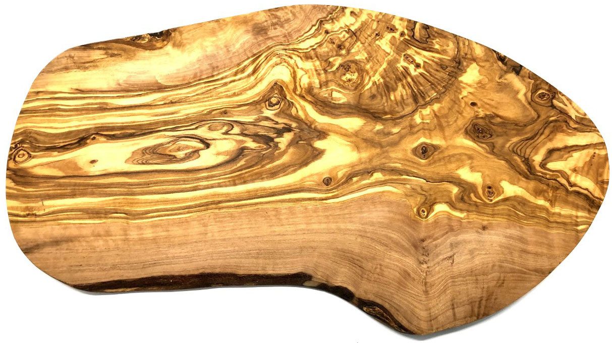 Olivenholz-erleben Schneidebrett Naturschnitt aus hochwertigem naturbelassenem Olivenholz, Massivholz, (1-St), Einzigartige Maserung, rustikale Kante, organisch – Bild 4 von 5