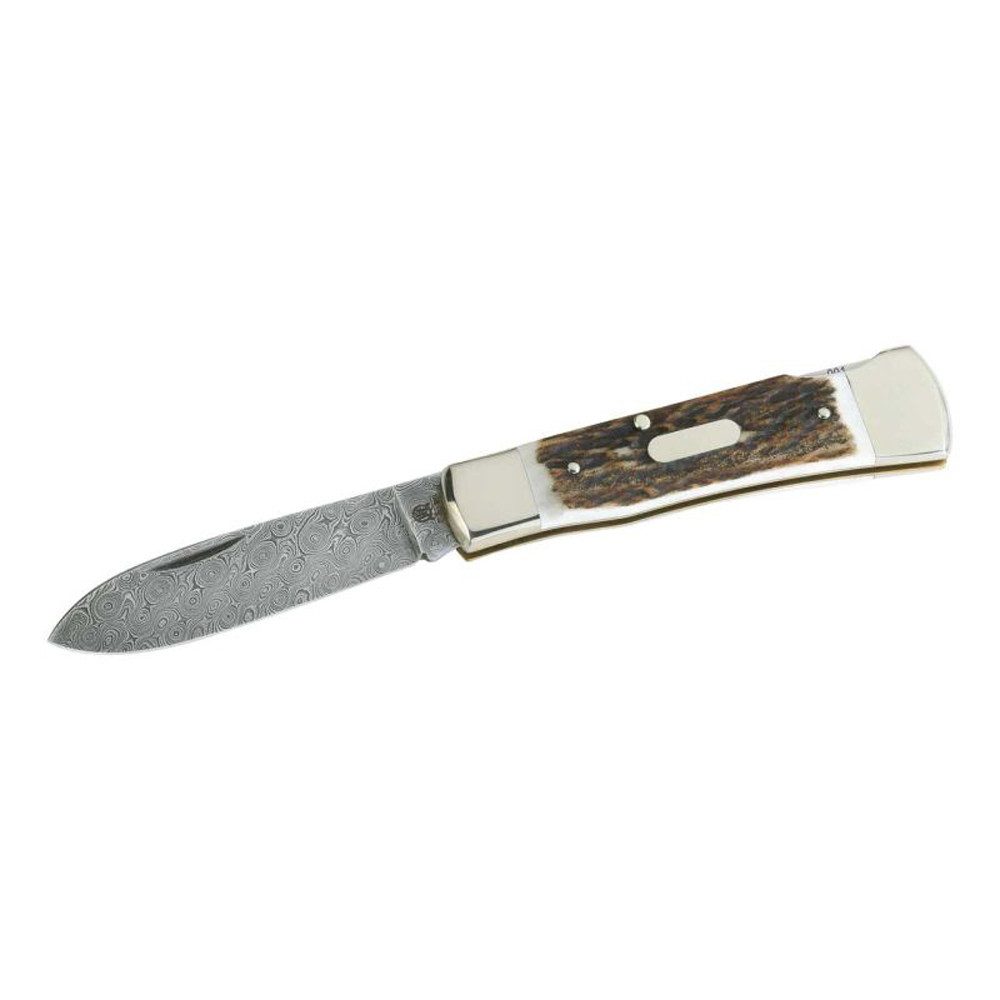 Hartkopf Taschenmesser Hartkopf-Solingen Damast-Taschenmesser, 300 Lagen, (Hirschhorn-Schalen und polierte Neusilber-Beschläge), nicht-rostfreie Klinge aus 300-Lagen Rosendamast