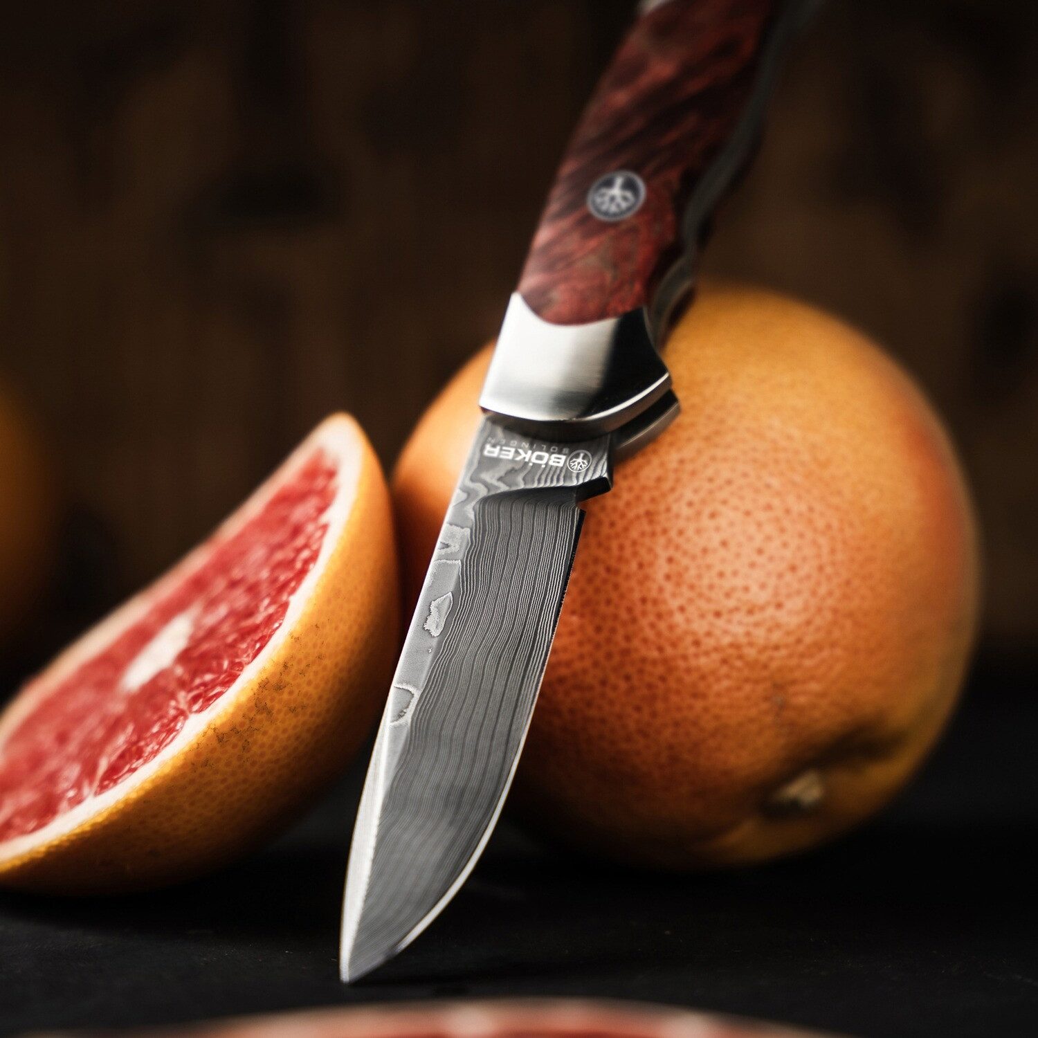 Böker Manufaktur Solingen Taschenmesser Klappmesser Optima Maserbirke Bloody Orange Damast