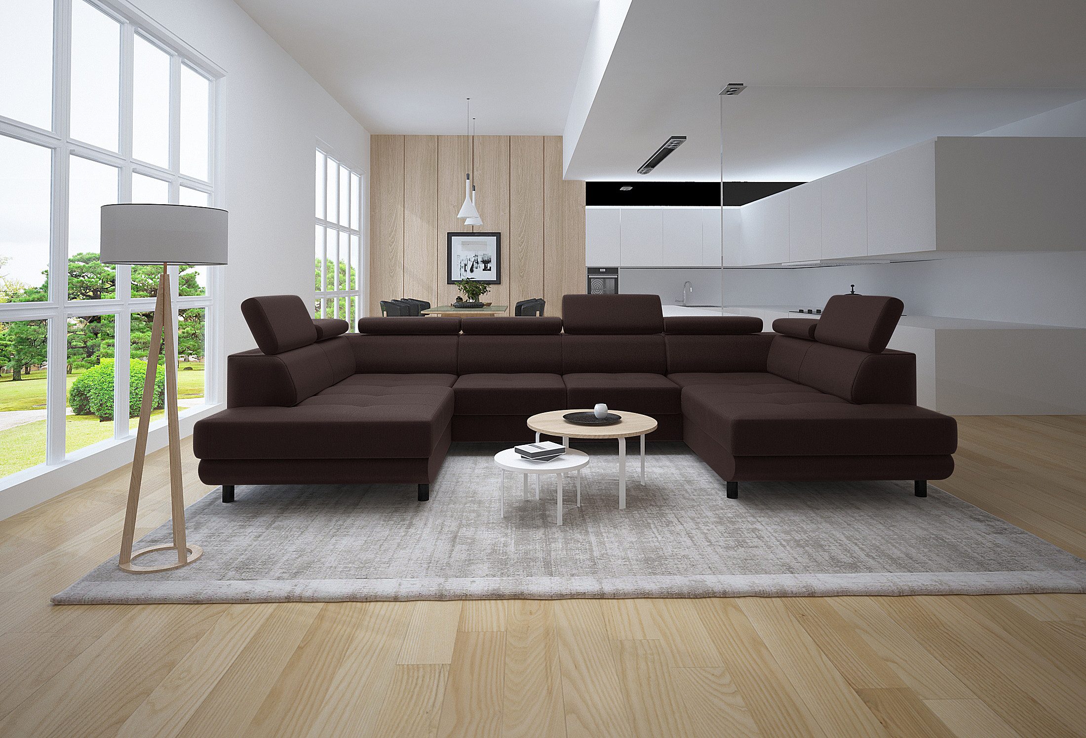 thematys Ecksofa LUNA U mit Schlaffunktion & Bettkasten – aus weichem Velours Stoff, mit verstellbaren Kopfstützen, – U-Form 325×183 cm – Schlafsofa mit Auszug