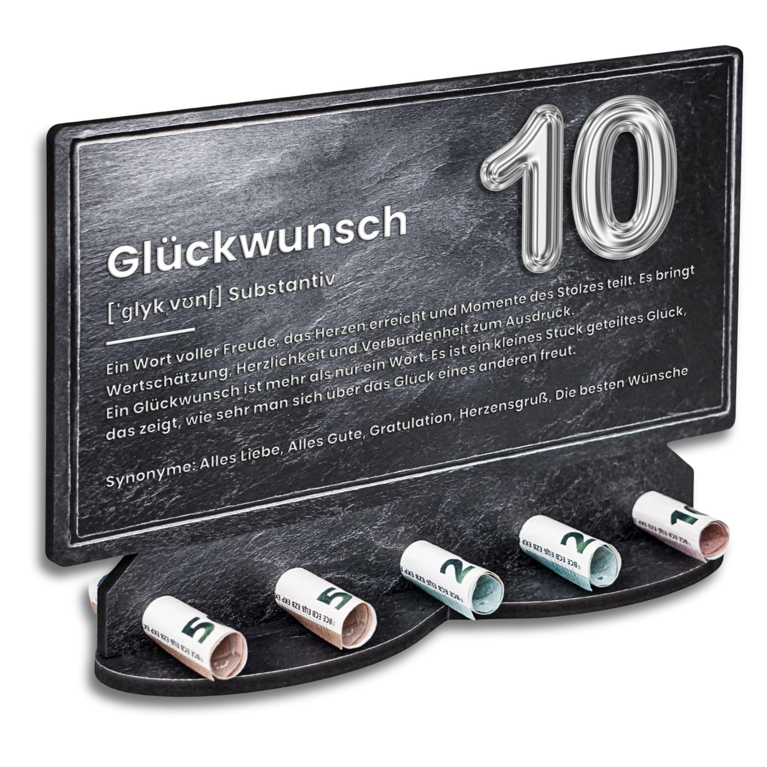 DARO Design Dekoobjekt Geldgeschenk Geburtstag Jubiläum Zahlen in Schieferoptik (Dekoration, 10 Jahre – Geldscheinhalter), 28 cm breit, 6 mm HDF
