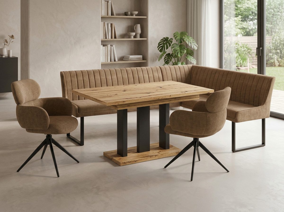 Endo-Moebel Eckbankgruppe Eckbankgruppe Esstisch ausziehbar 2 Stühle Eckbank Farbauswahl Set, (Eckbankgruppe, Eckbankgruppe inklusive Eckbank, Tisch und 2 Drehstühlen), Chenille 310 g/m², 360° Drehstühle, Auto-Return, Synchronauszug