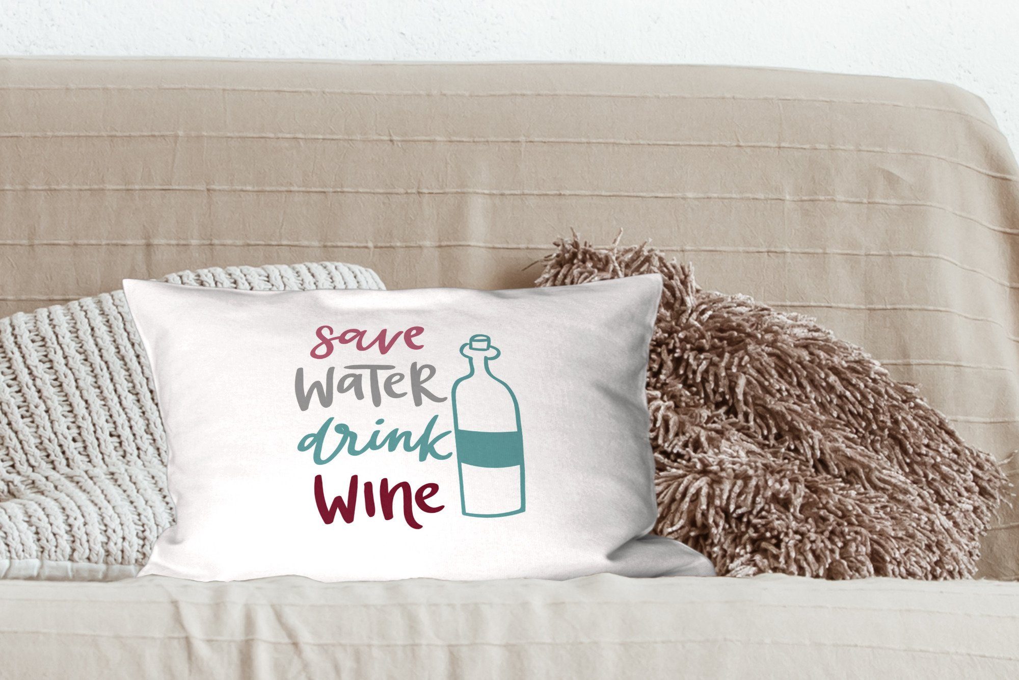 MuchoWow Dekokissen Wein sparen, "Wasser Schlafzimmer trinken" Füllung, Wohzimmer Dekokissen Zitat Hintergrund, auf mit weißem Zierkissen, Dekoration