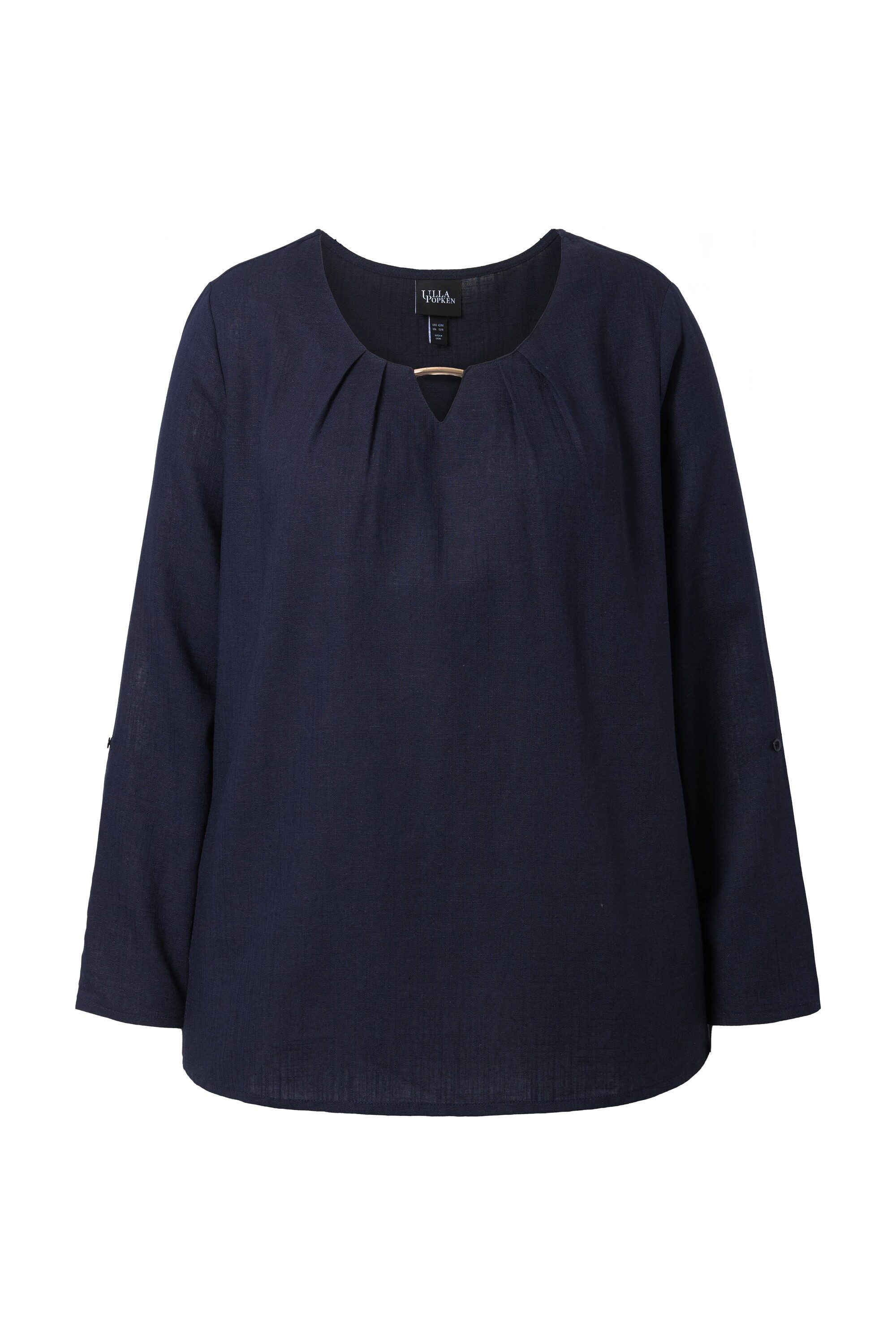 Ulla Popken Druckbluse Bluse Leinenmix Zierspange Rundhals 3/4-Arm