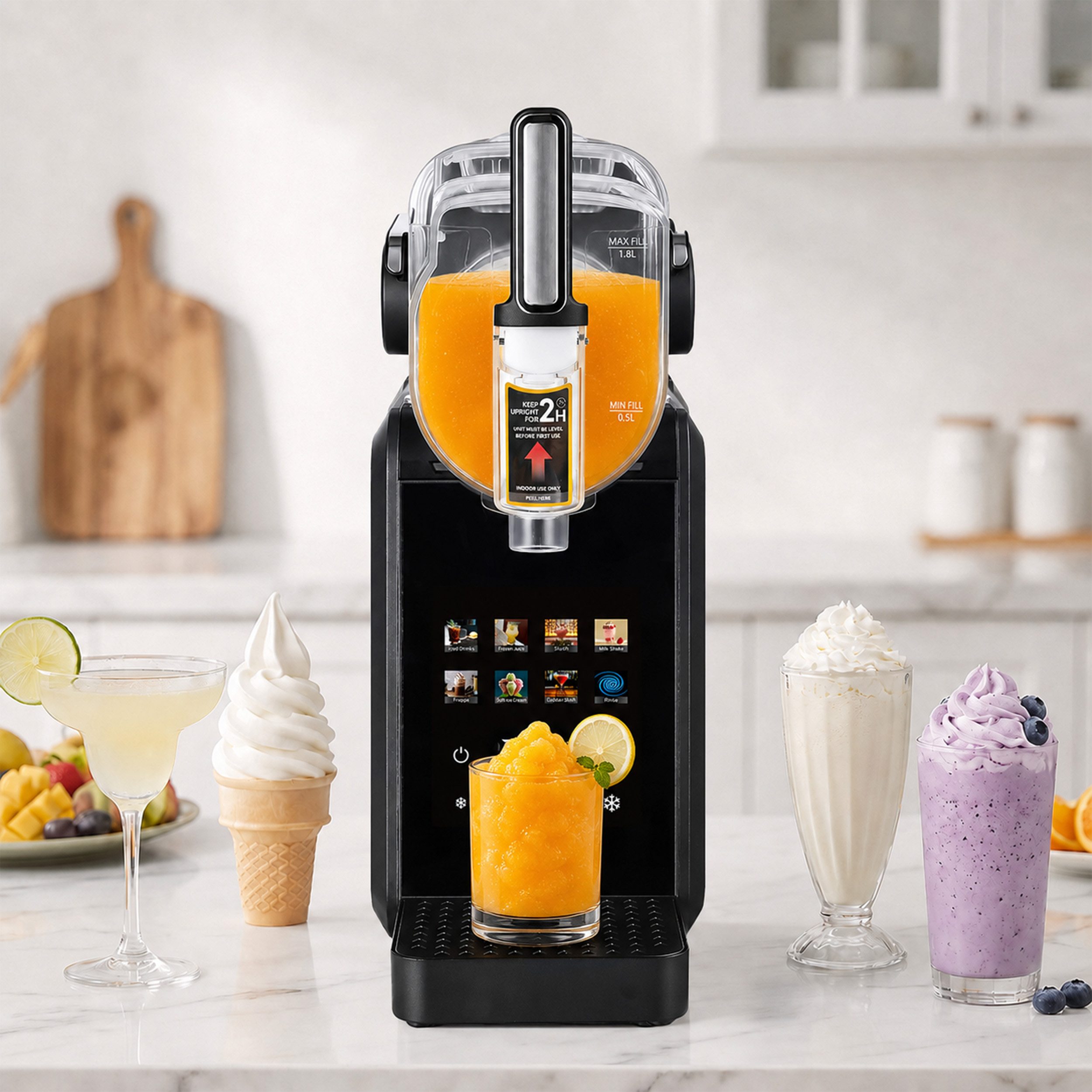Sinaopus Slush-Eismaschine ohne Eiswürfel, 7 Programme + Selbstreinigung, Farbiges Touchdisplay, 1,8 l, 200 W, 360°-Rühren + 10 Konsistenzstufen, für Eiscreme, Frappés, Milchshake