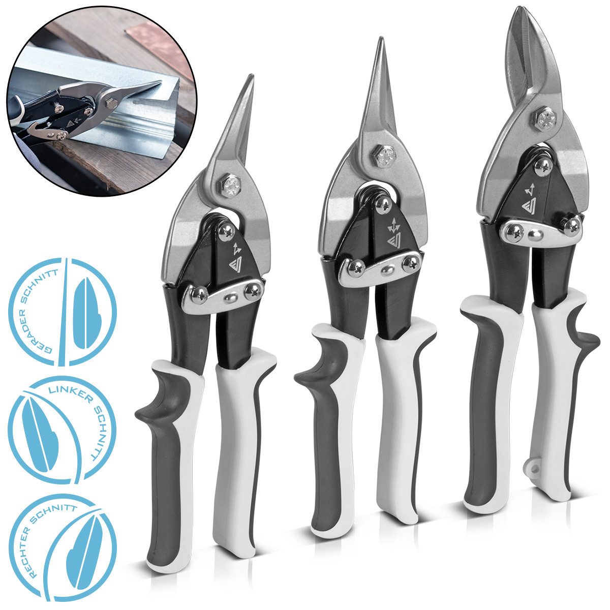 STAHLWERK Blechschere gerader linker rechter Schnitt Metallschere Blechschneider, (Packung, 3-tlg., Set), zum professionellen Schneiden von Metallblechen