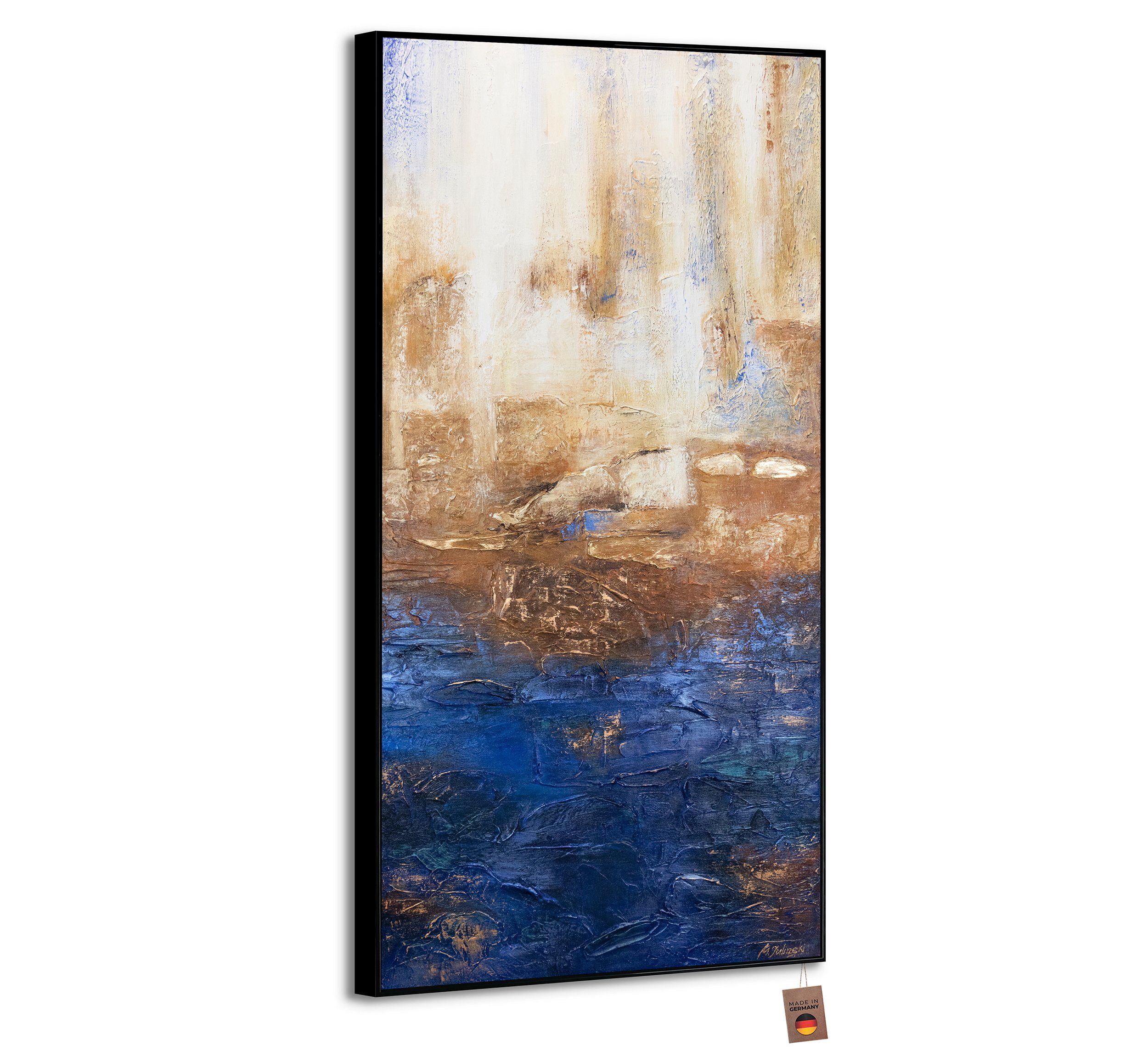 YS-Art Gemälde Marine II, Abstrakte Bilder, Vertikales Leinwand Bild Handgemalt Blau Gold Abstrakt Mit Rahmen in Schwarz